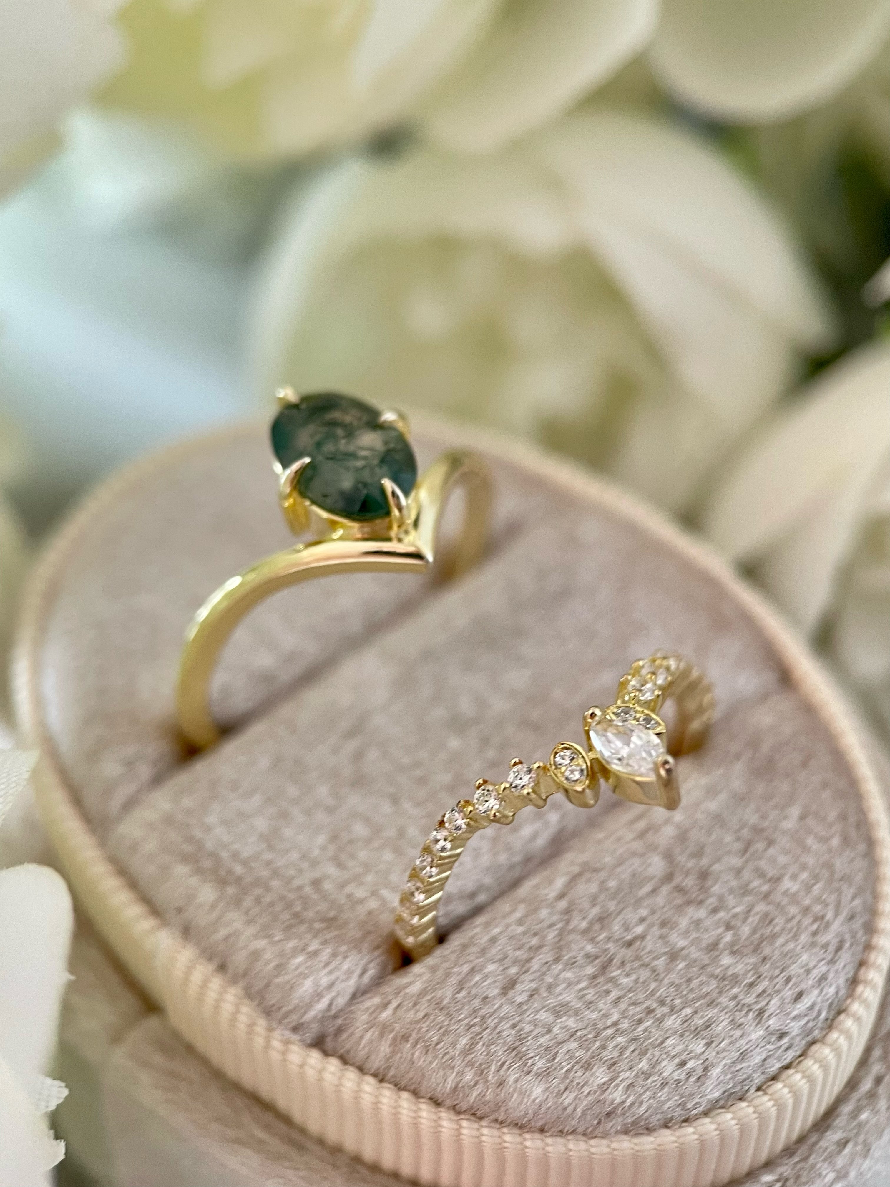 【ENSEMBLE DE JADE】Ensemble unique de bagues de fiançailles en agate mousse naturelle faite à la main, 2 pièces, forme ovale, 1,5 carat