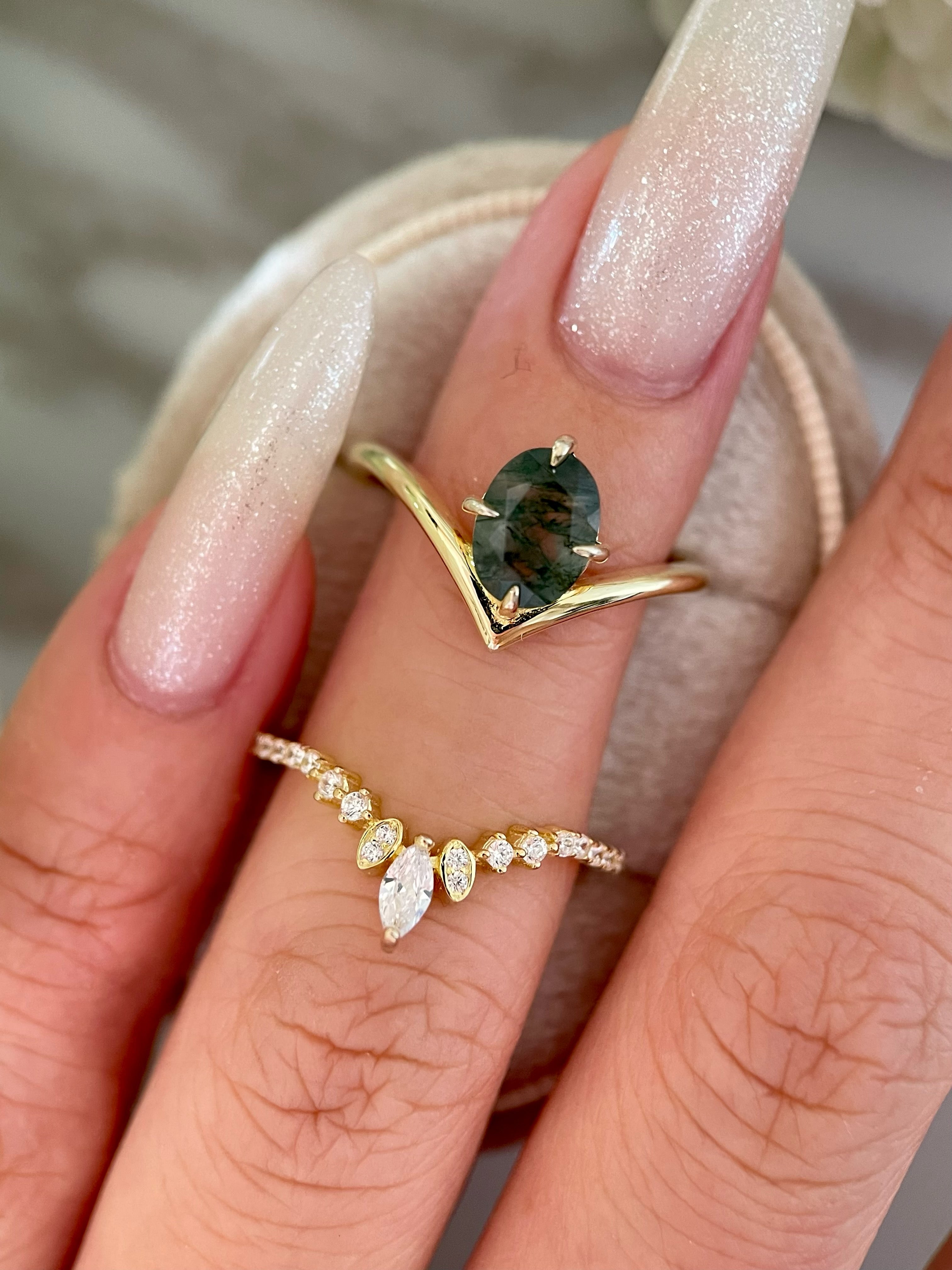 【ENSEMBLE DE JADE】Ensemble unique de bagues de fiançailles en agate mousse naturelle faite à la main, 2 pièces, forme ovale, 1,5 carat