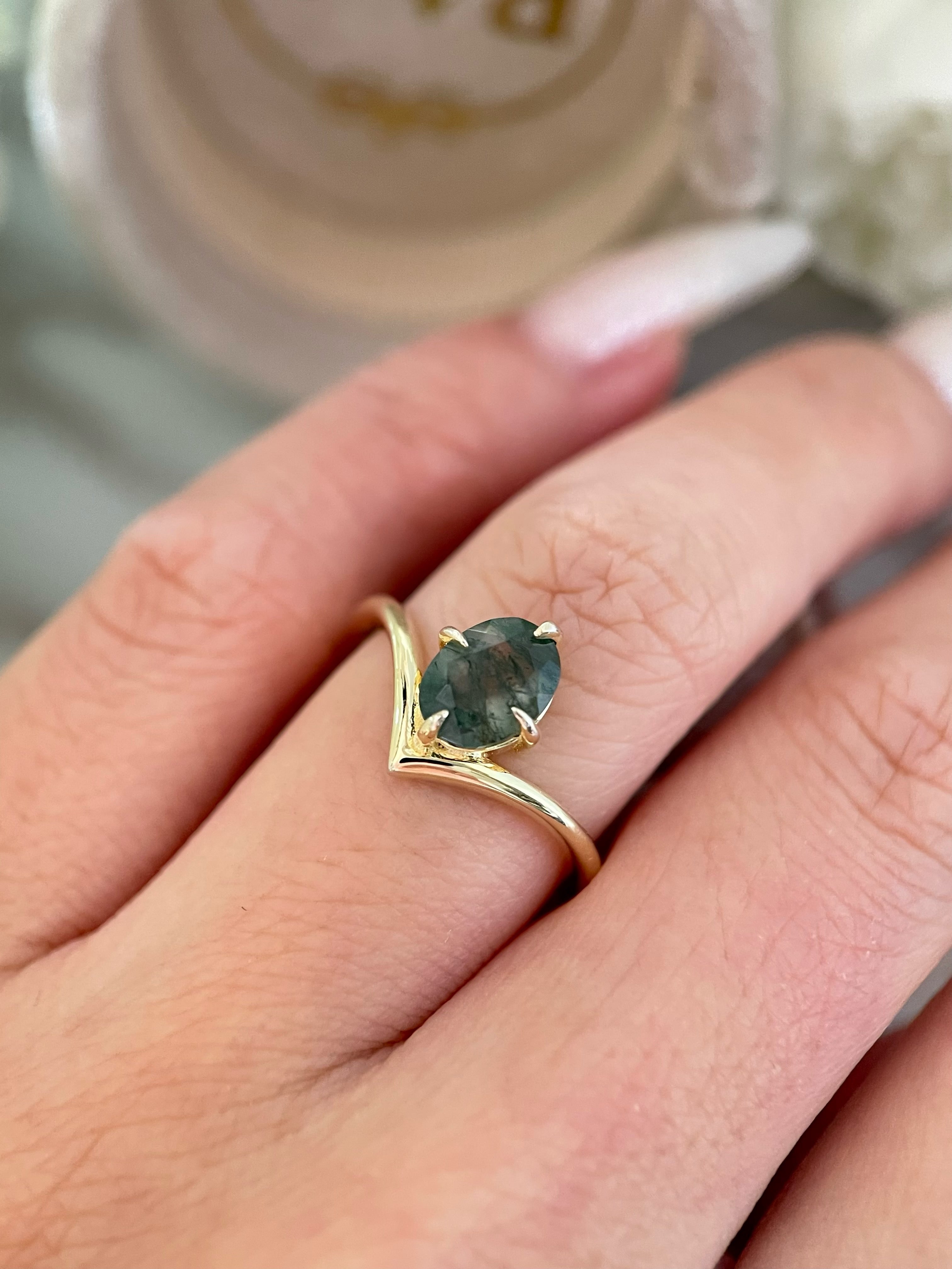 【JADE】Bague de fiançailles unique en agate mousse naturelle, faite à la main, de forme ovale, 1,5 carat