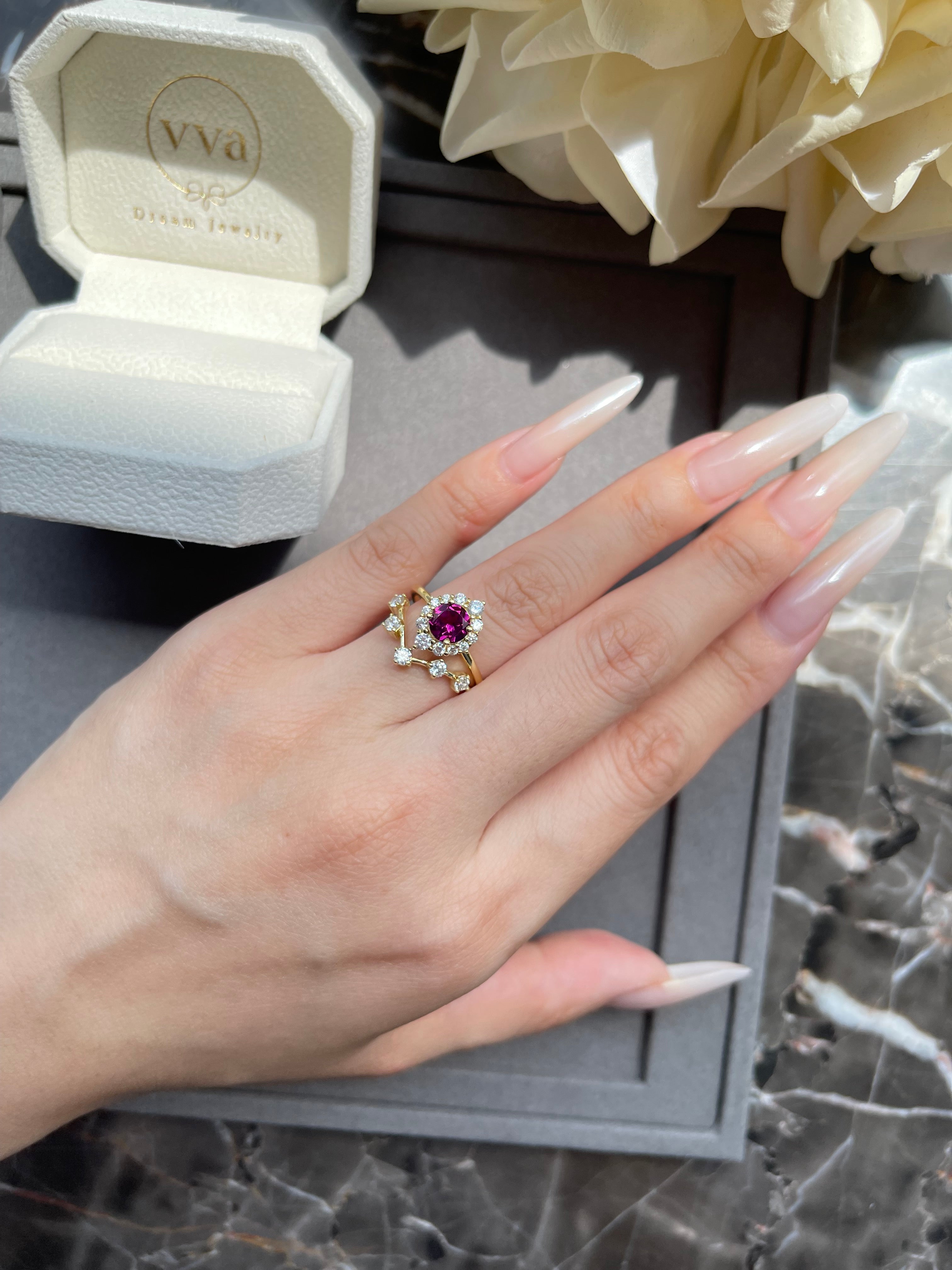 【Ensemble Cerise】Ensemble de 2 bagues de fiançailles en grenat rhodolite naturel fait main, 0,8 ct, forme ronde