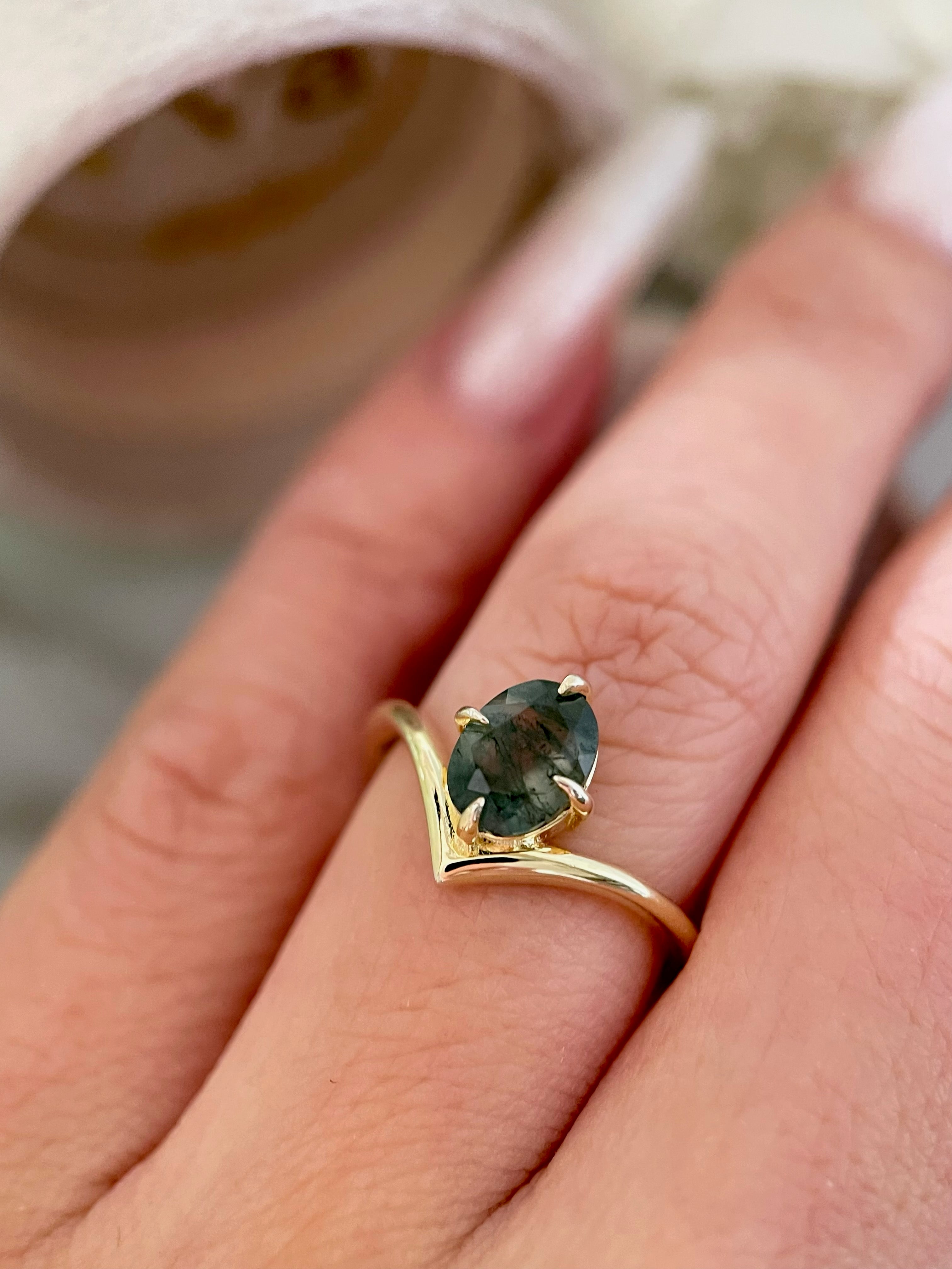 【JADE】Bague de fiançailles unique en agate mousse naturelle, faite à la main, de forme ovale, 1,5 carat