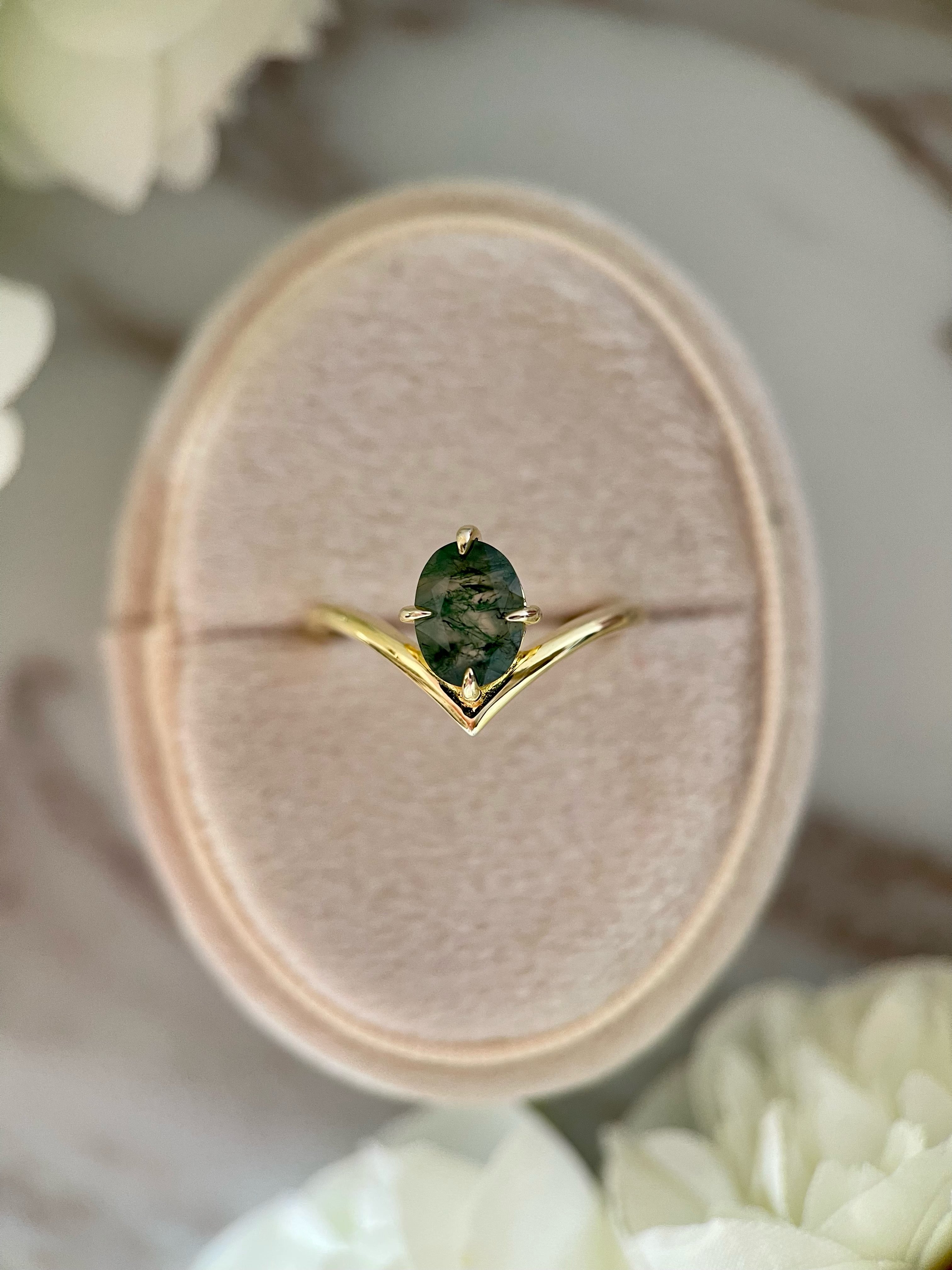 【JADE】Bague de fiançailles unique en agate mousse naturelle, faite à la main, de forme ovale, 1,5 carat
