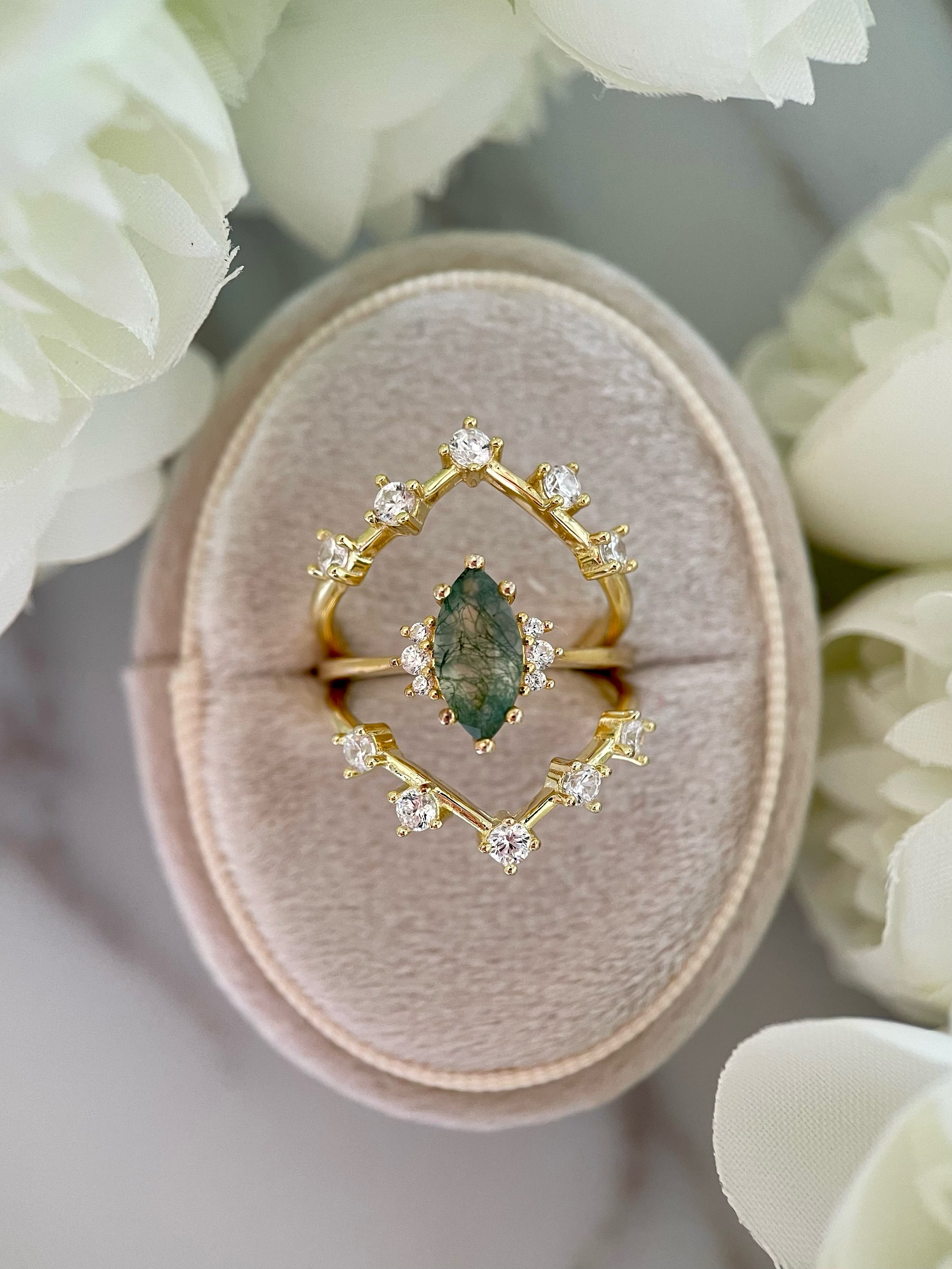 【CASSIOPEIA SET】Unique Handmade Natural Moss Agate Engagement Ring Set 3pcs Marquise Cut 1ct