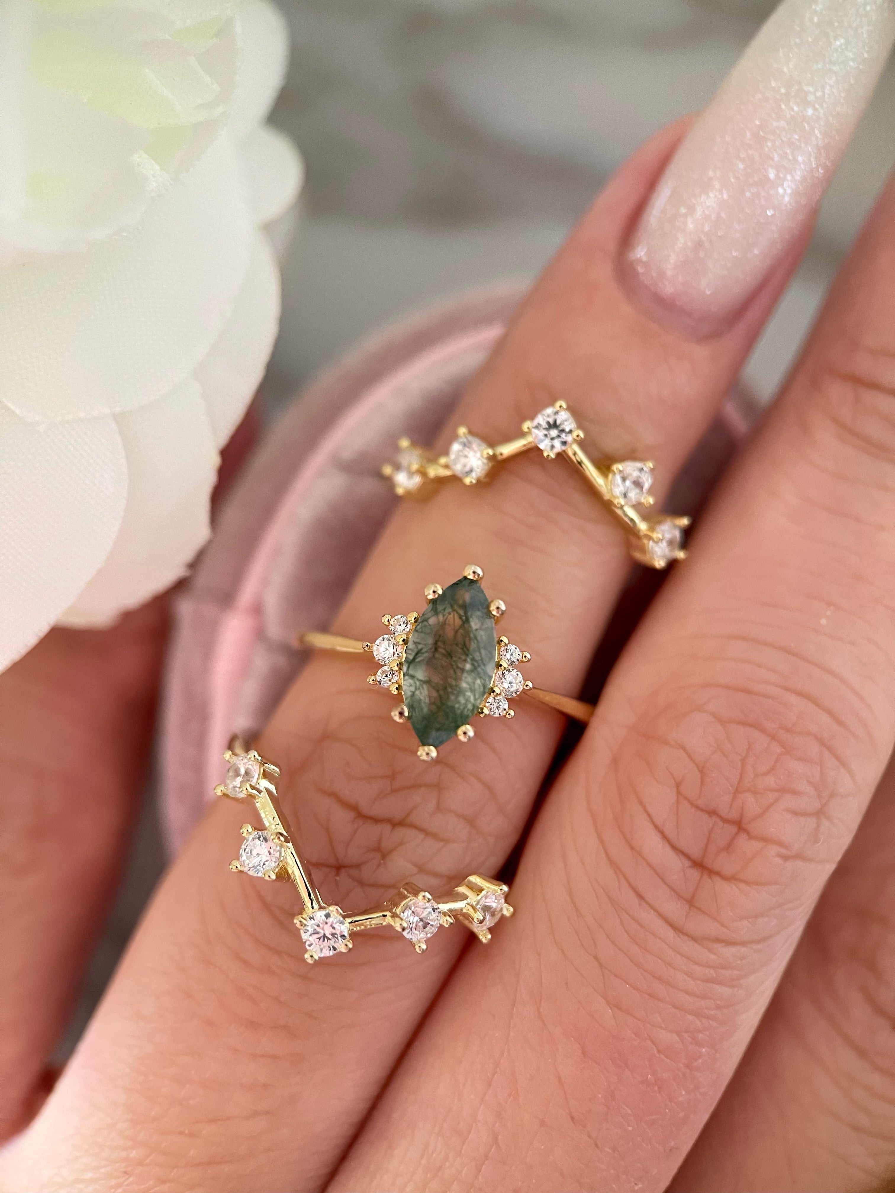 【CASSIOPEIA SET】Unique Handmade Natural Moss Agate Engagement Ring Set 3pcs Marquise Cut 1ct