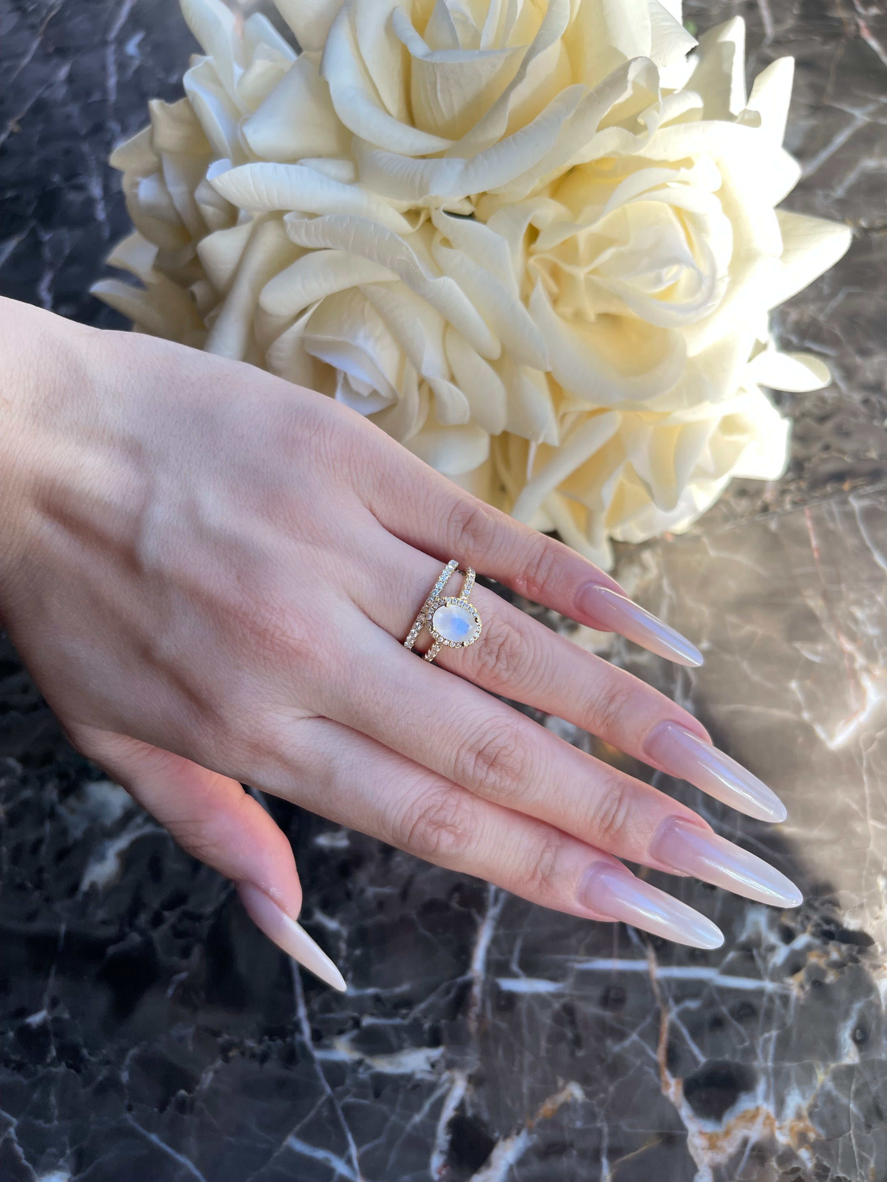 【Lunaria】Unique Handmade Natural Blue Moonstone Engagement Ring 1.5ct Oval Shape