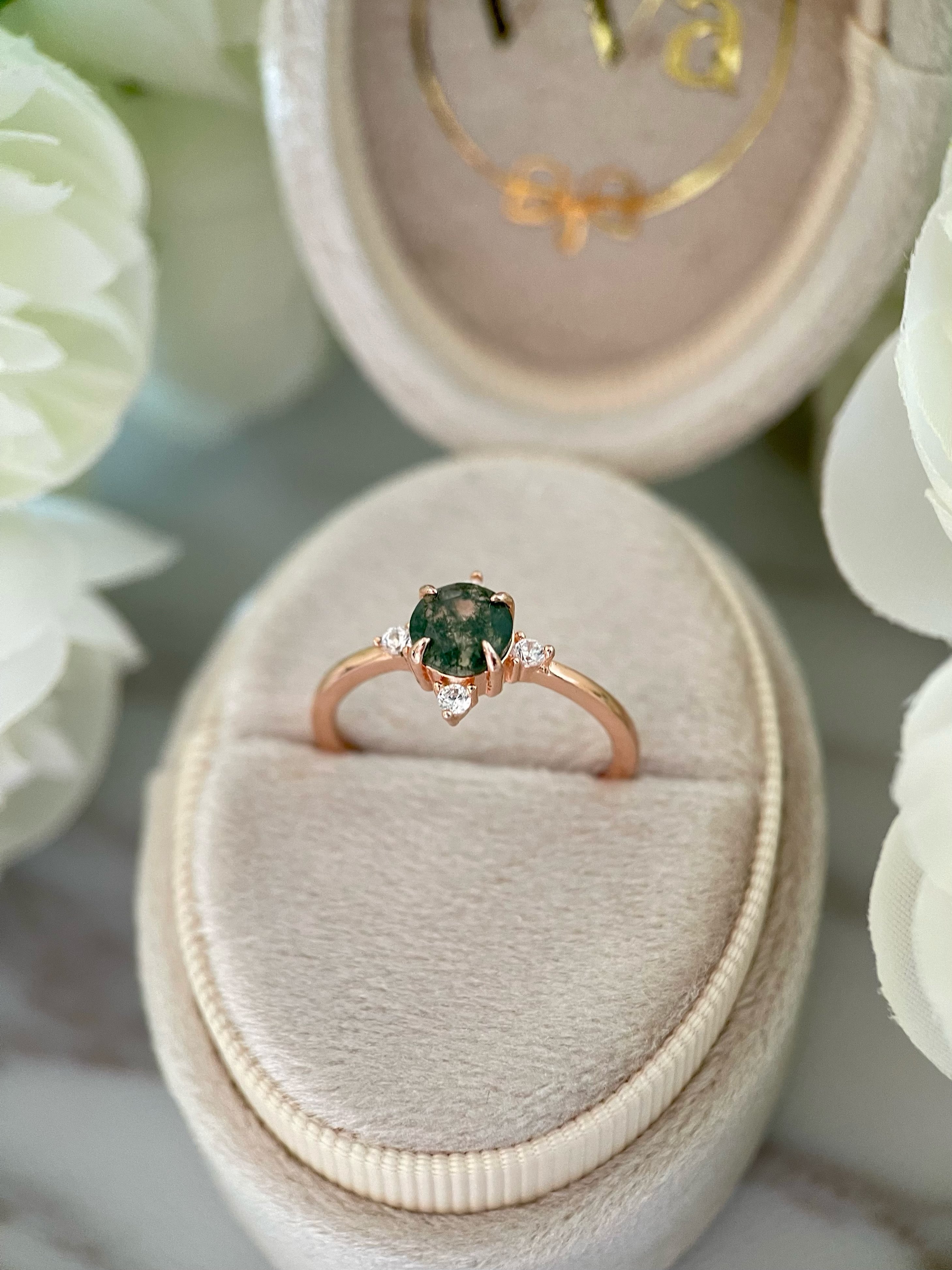 【THAILA】Bague de fiançailles unique, faite main, en agate mousse naturelle, 2 carats, forme ronde, 0,8 carat