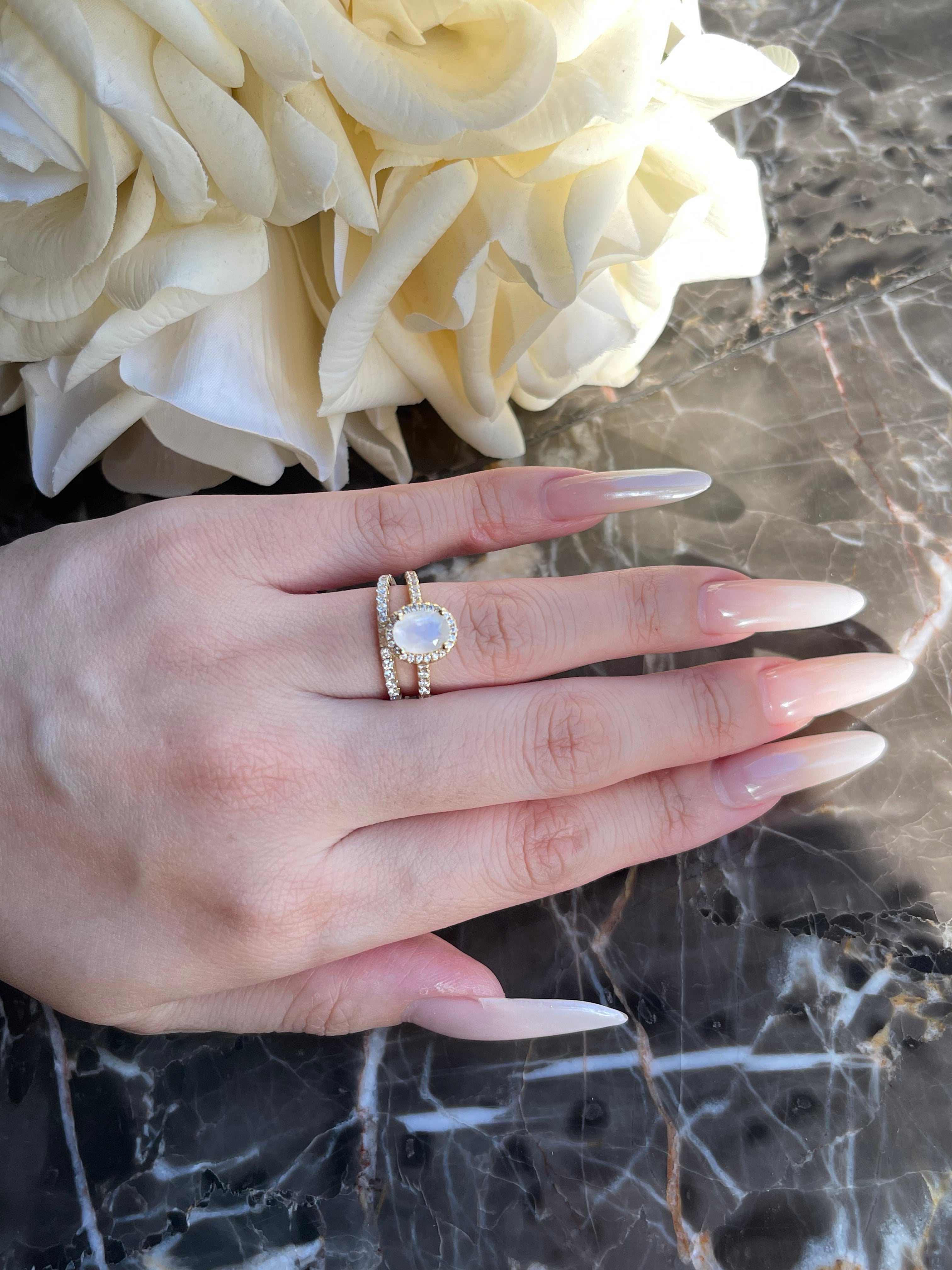 【Lunaria】Unique Handmade Natural Blue Moonstone Engagement Ring 1.5ct Oval Shape