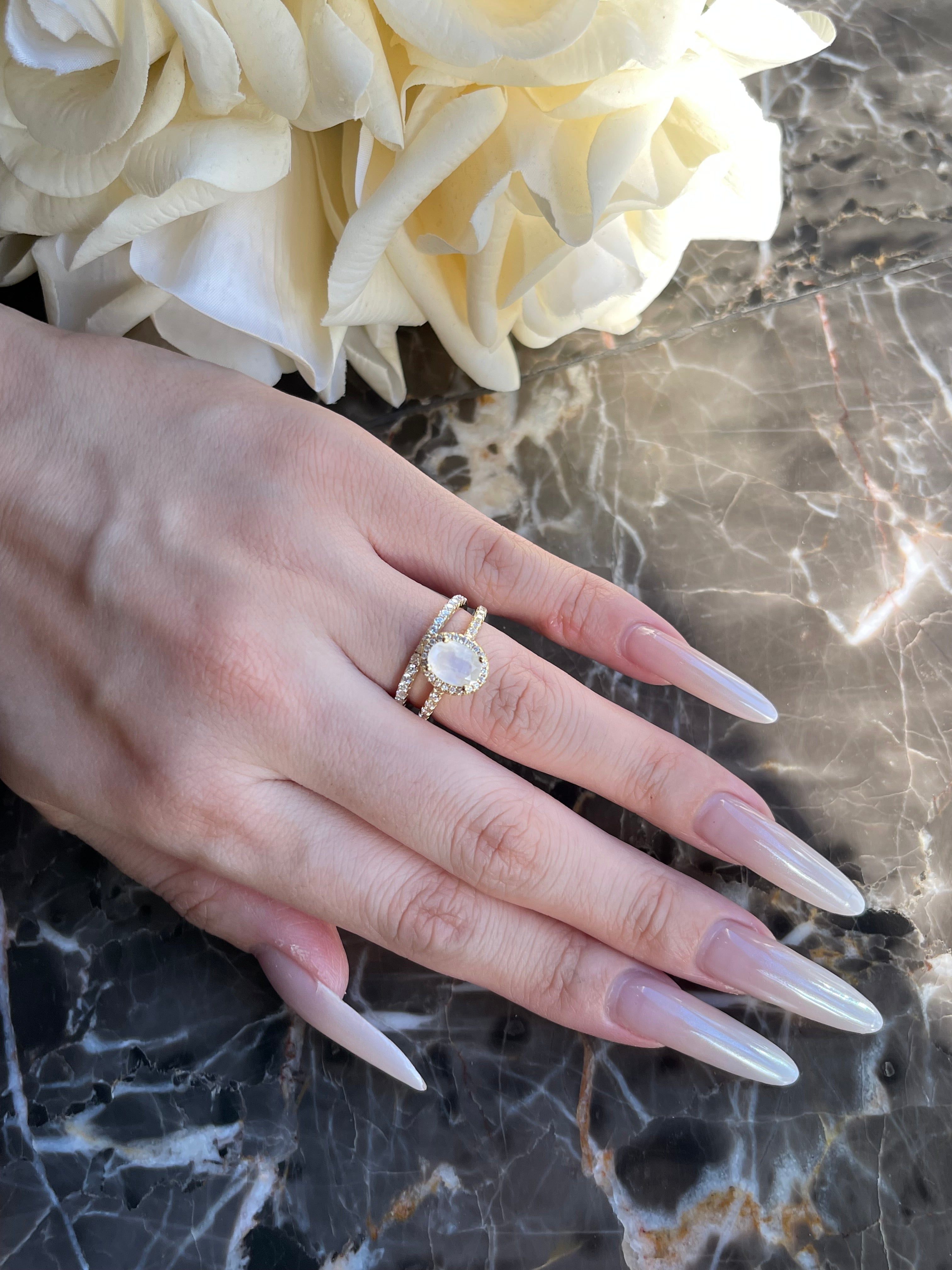 【Lunaria】Unique Handmade Natural Blue Moonstone Engagement Ring 1.5ct Oval Shape