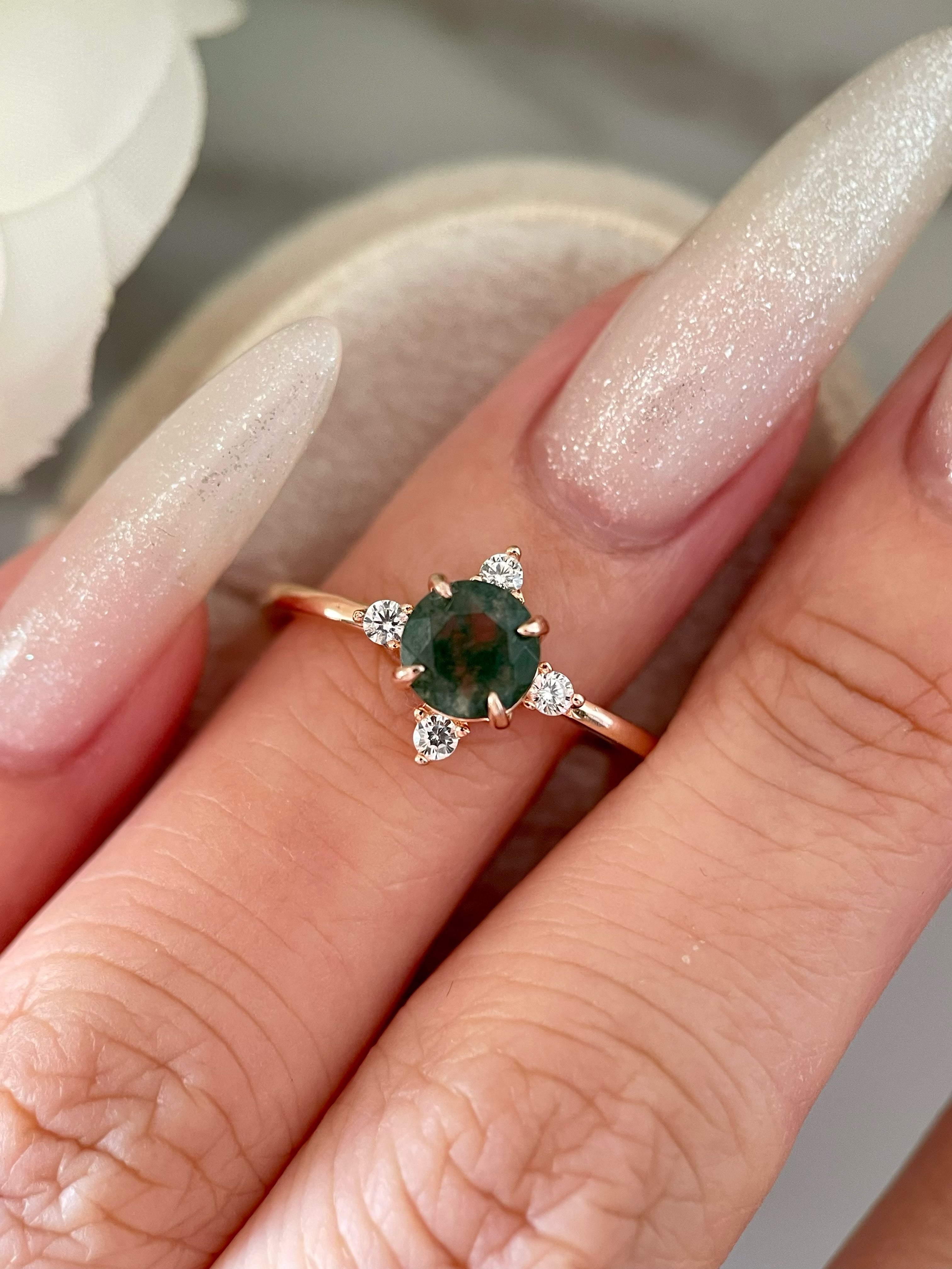 【THAILA】Bague de fiançailles unique, faite main, en agate mousse naturelle, 2 carats, forme ronde, 0,8 carat