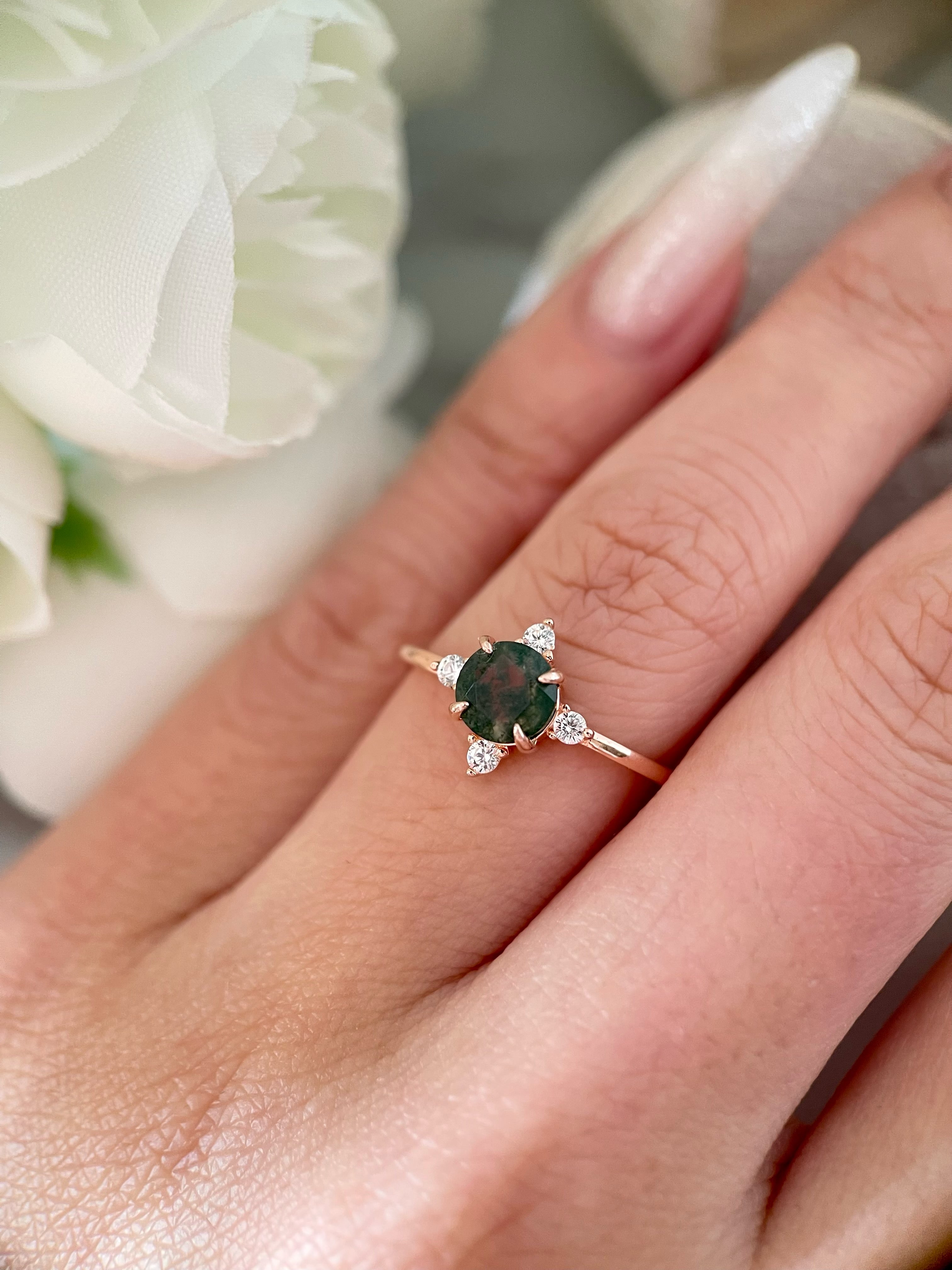 【THAILA】Bague de fiançailles unique, faite main, en agate mousse naturelle, 2 carats, forme ronde, 0,8 carat