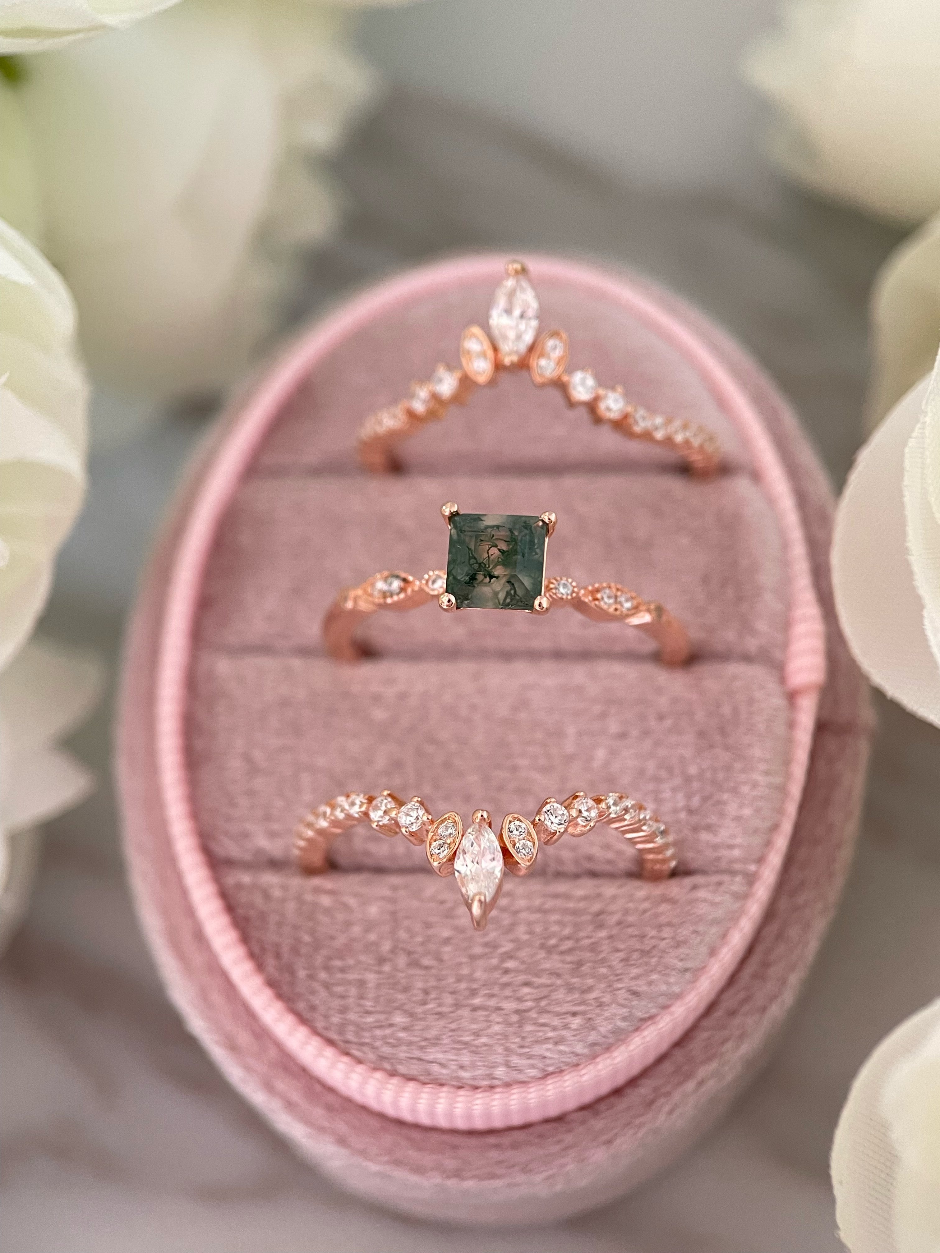 【OPHELIA SET】Unique Handmade Natural Moss Agate Engagement Ring Set 3pcs 0.75ct Princess Cut