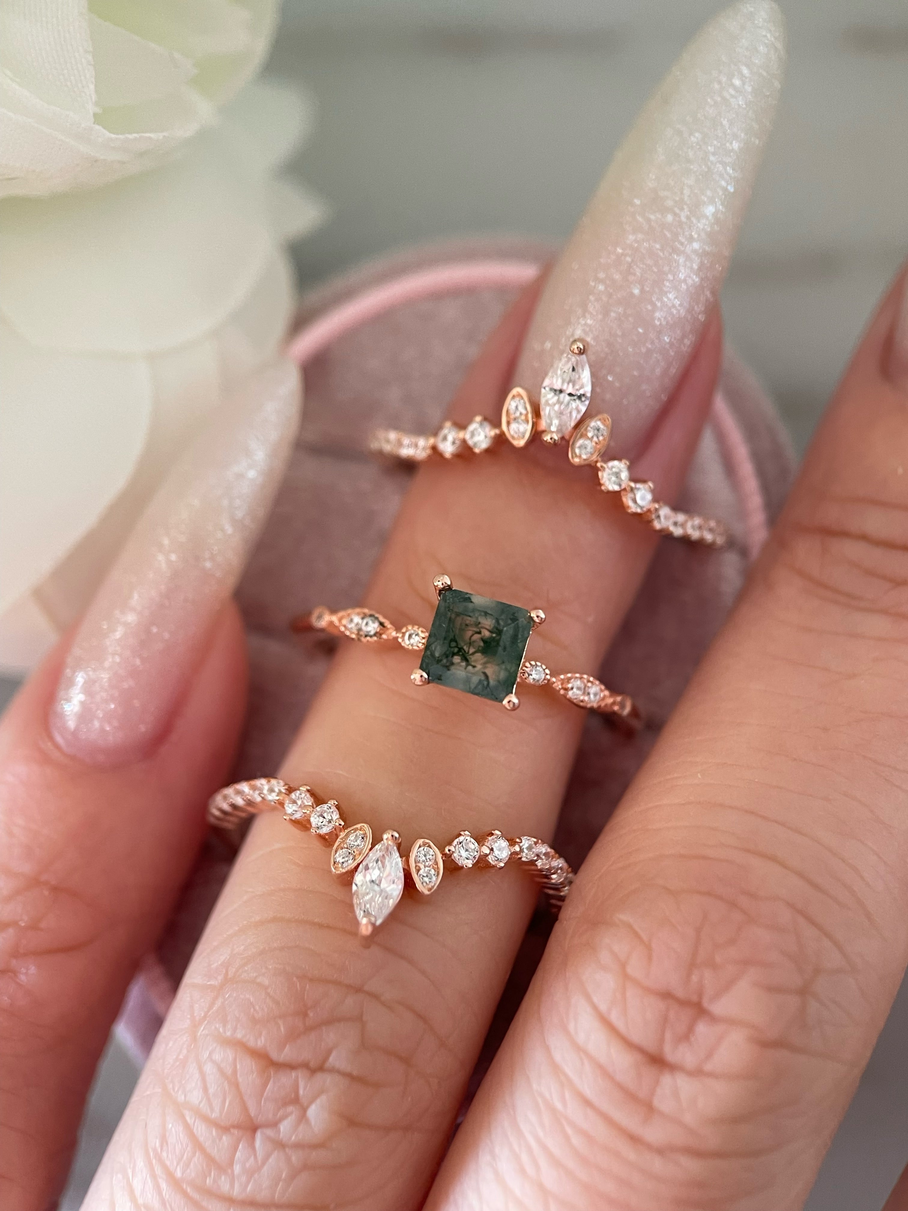 【OPHELIA SET】Unique Handmade Natural Moss Agate Engagement Ring Set 3pcs 0.75ct Princess Cut