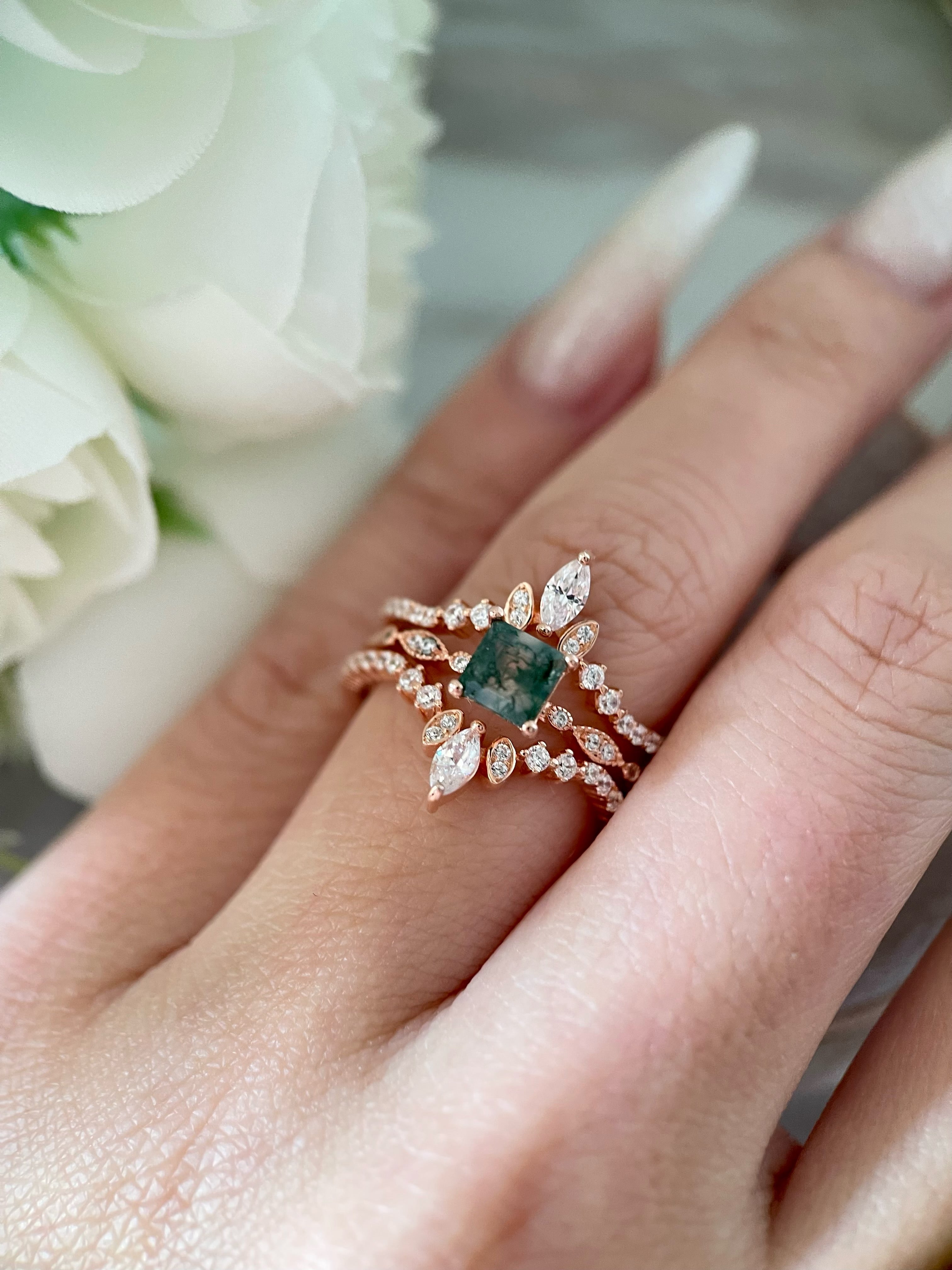 【OPHELIA SET】Unique Handmade Natural Moss Agate Engagement Ring Set 3pcs 0.75ct Princess Cut