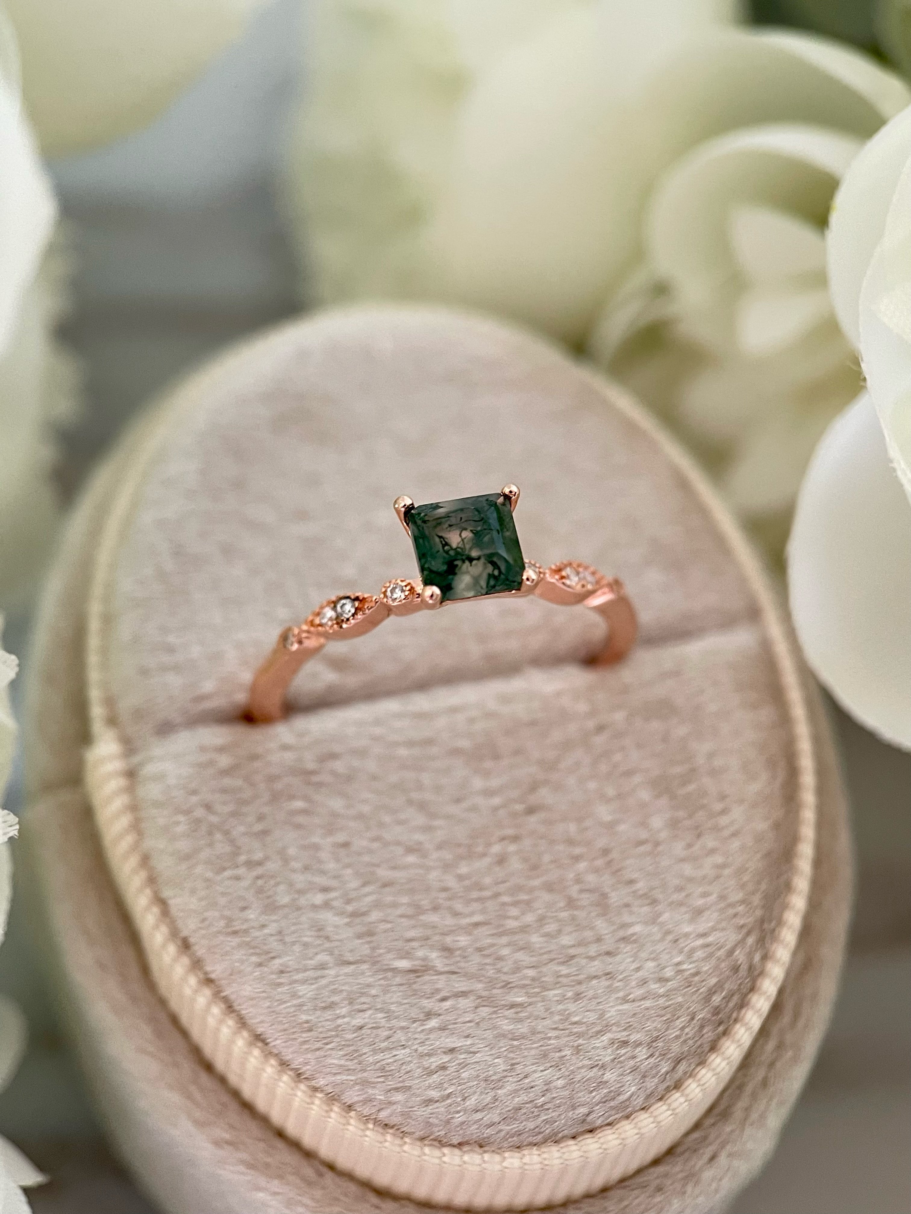 【OPHELIA】Bague de fiançailles unique, faite main, en agate mousse naturelle, 0,75 ct, taille princesse