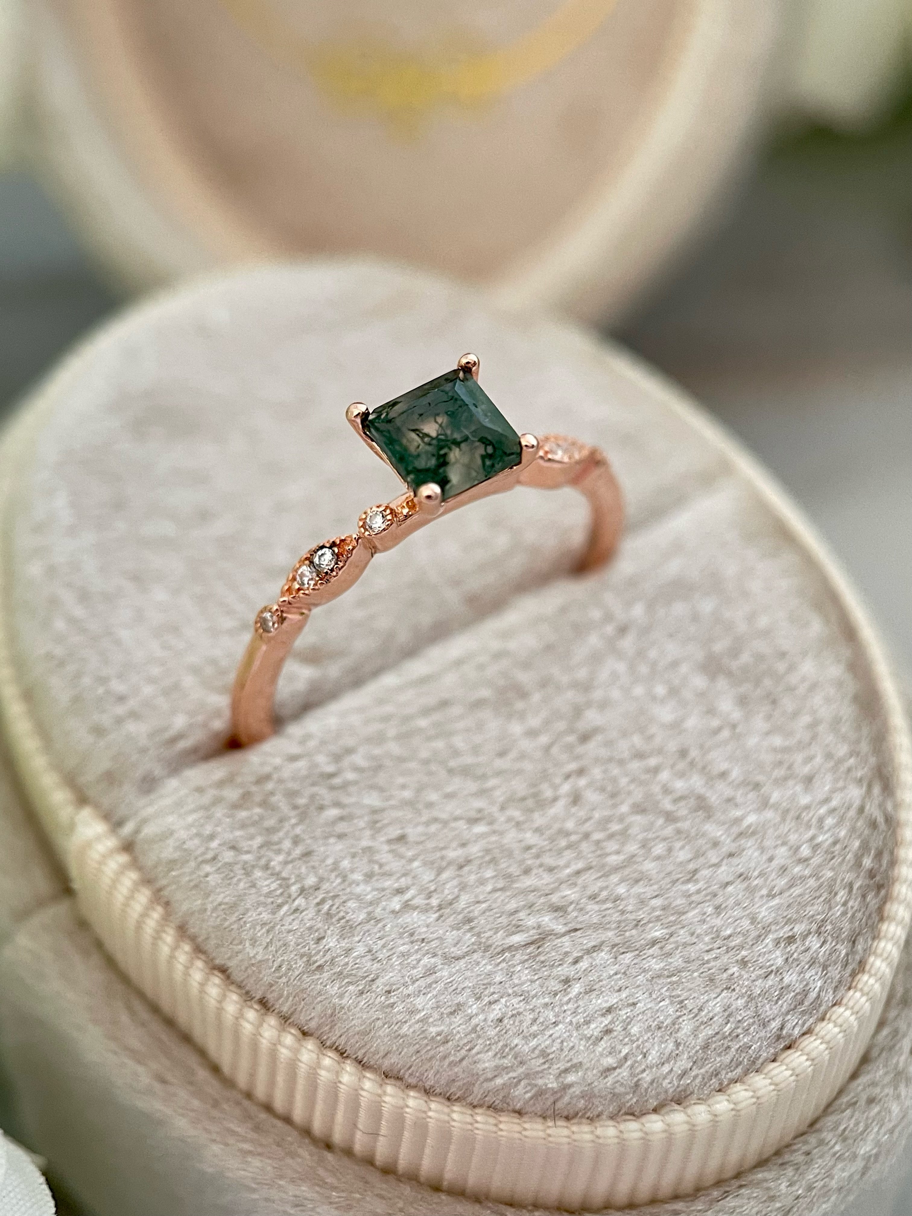 【OPHELIA】Bague de fiançailles unique, faite main, en agate mousse naturelle, 0,75 ct, taille princesse