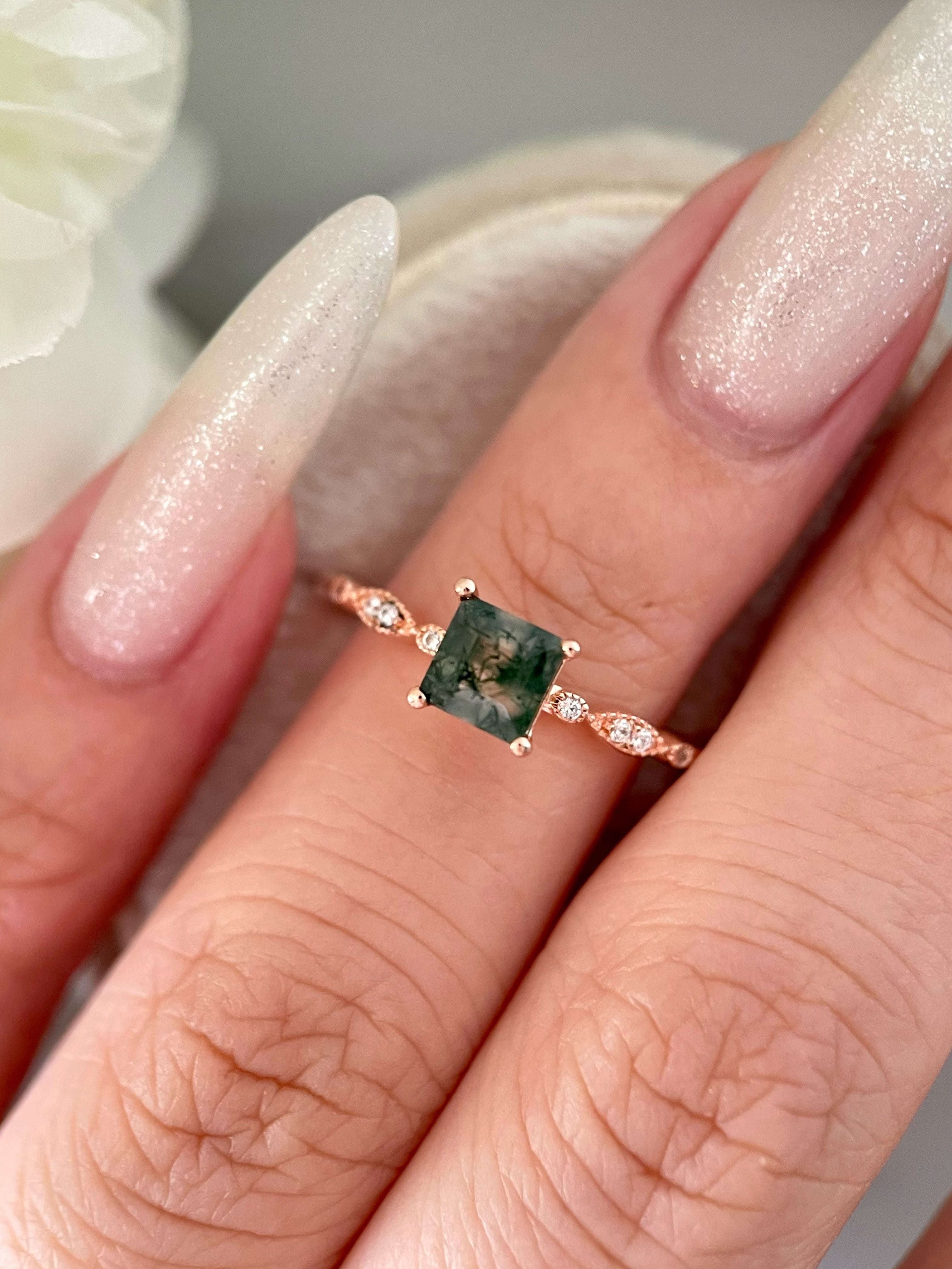 【OPHELIA】Bague de fiançailles unique, faite main, en agate mousse naturelle, 0,75 ct, taille princesse