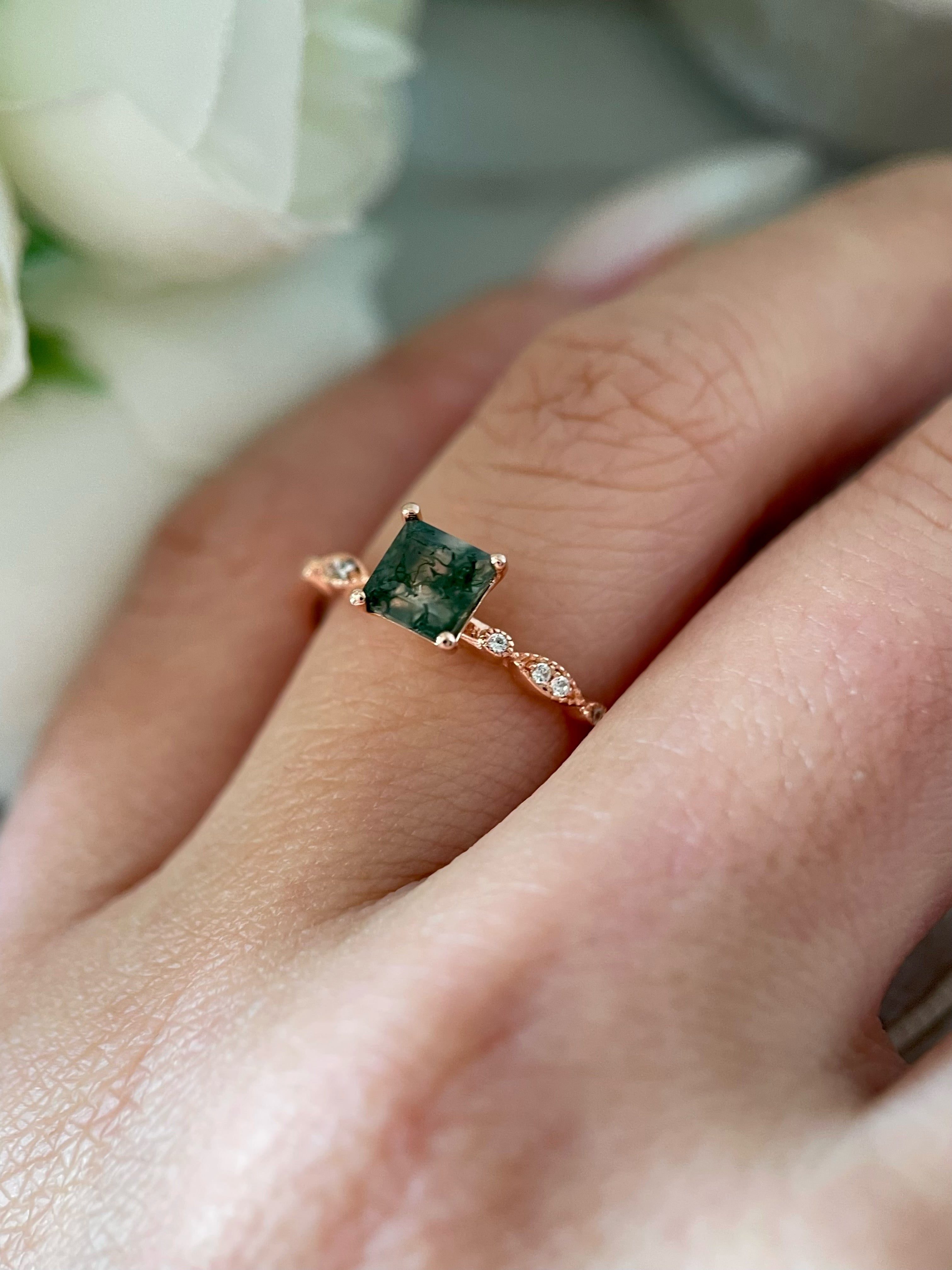 【OPHELIA】Bague de fiançailles unique, faite main, en agate mousse naturelle, 0,75 ct, taille princesse