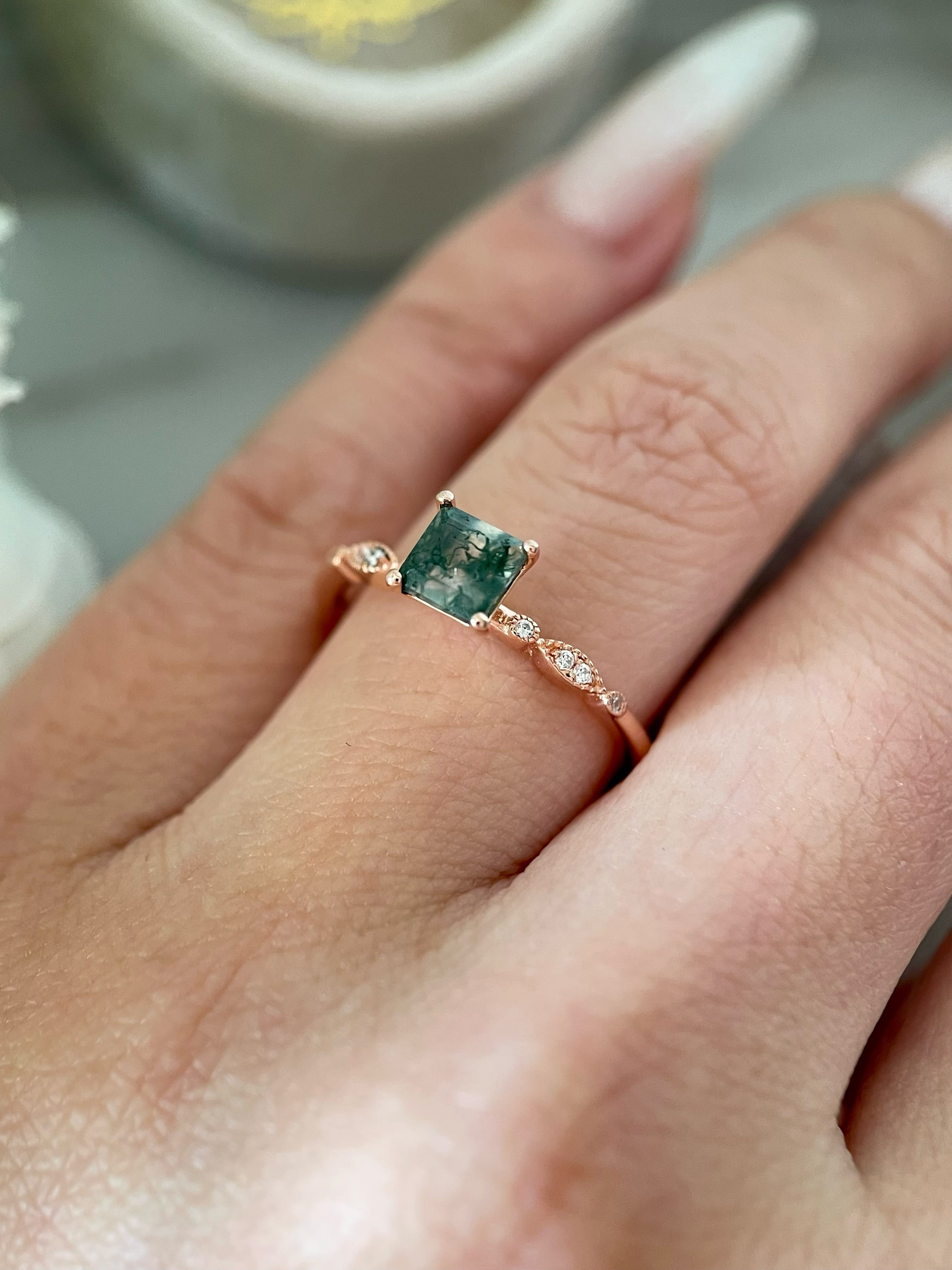 【OPHELIA】Bague de fiançailles unique, faite main, en agate mousse naturelle, 0,75 ct, taille princesse