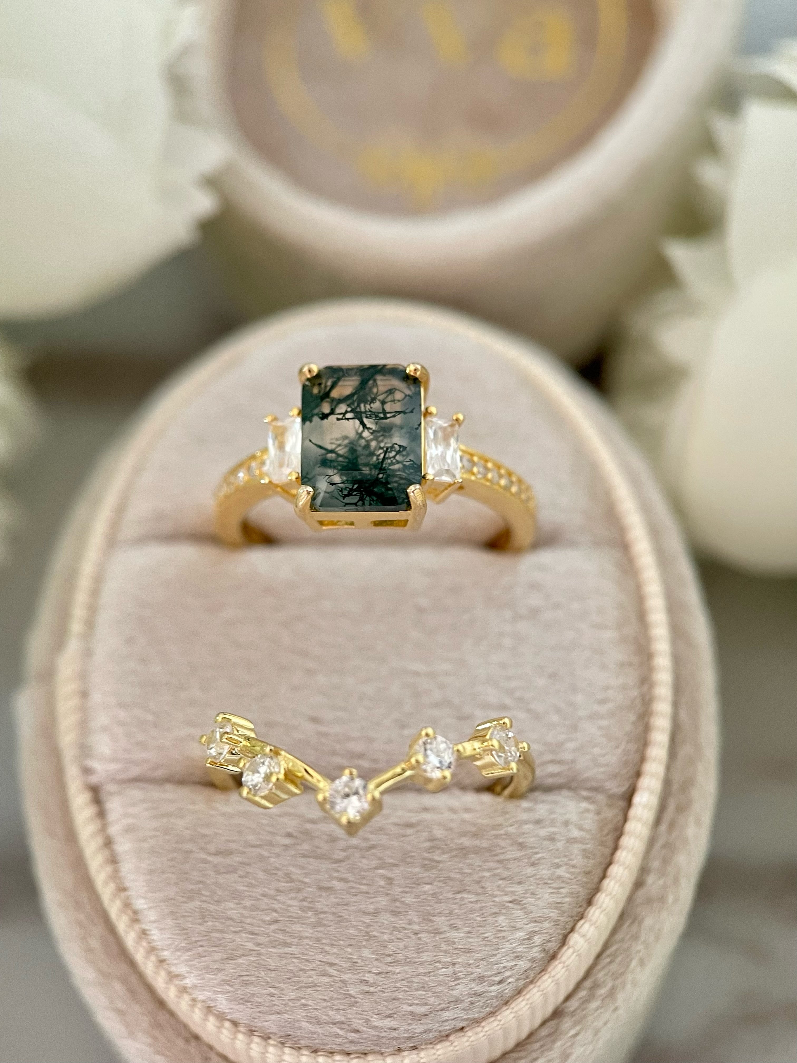 【Ensemble Callista】Ensemble unique de bagues de fiançailles en agate mousse naturelle faite à la main, 2 pièces, 2,5 ct, forme coussin