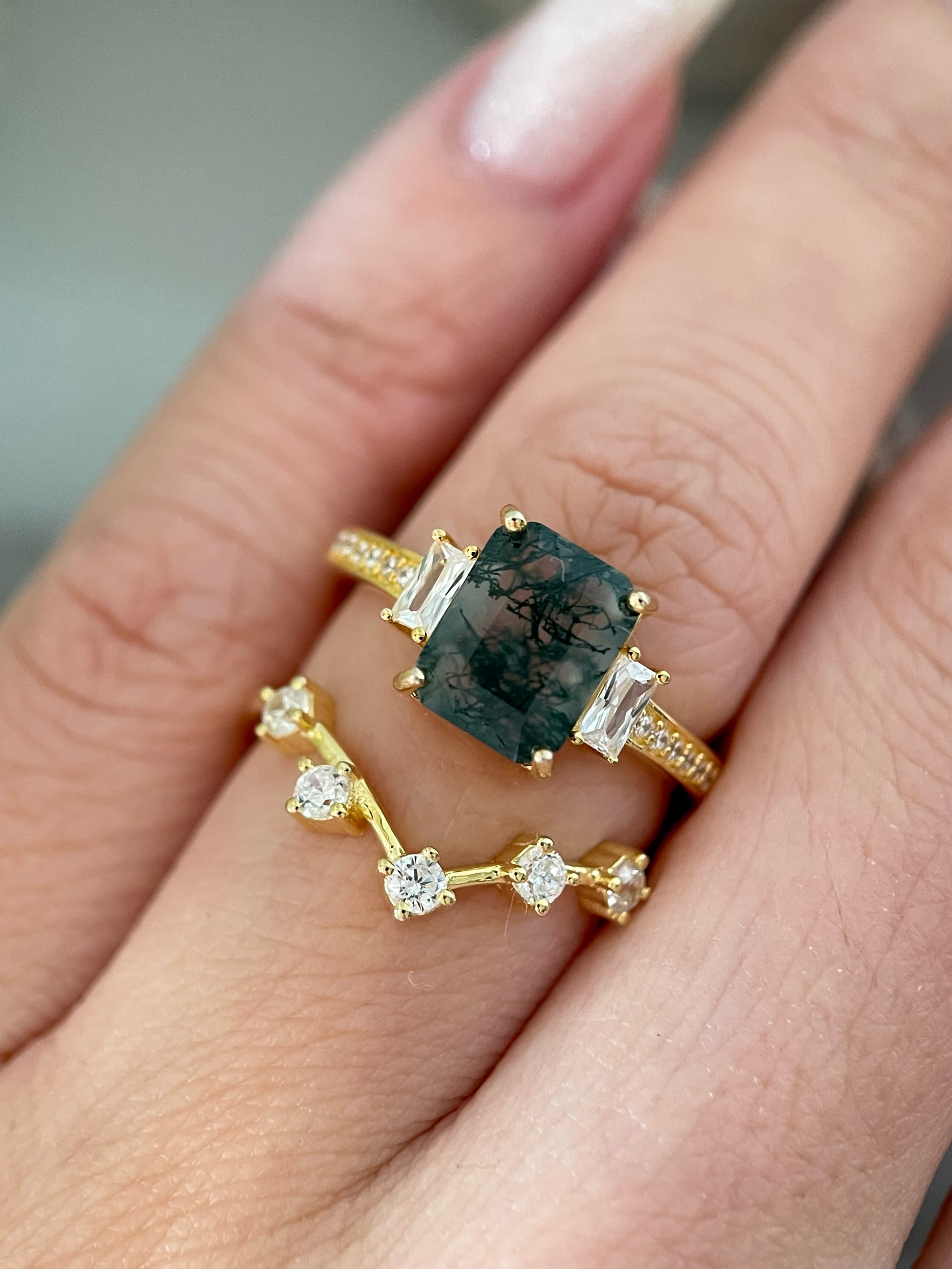 【Ensemble Callista】Ensemble unique de bagues de fiançailles en agate mousse naturelle faite à la main, 2 pièces, 2,5 ct, forme coussin