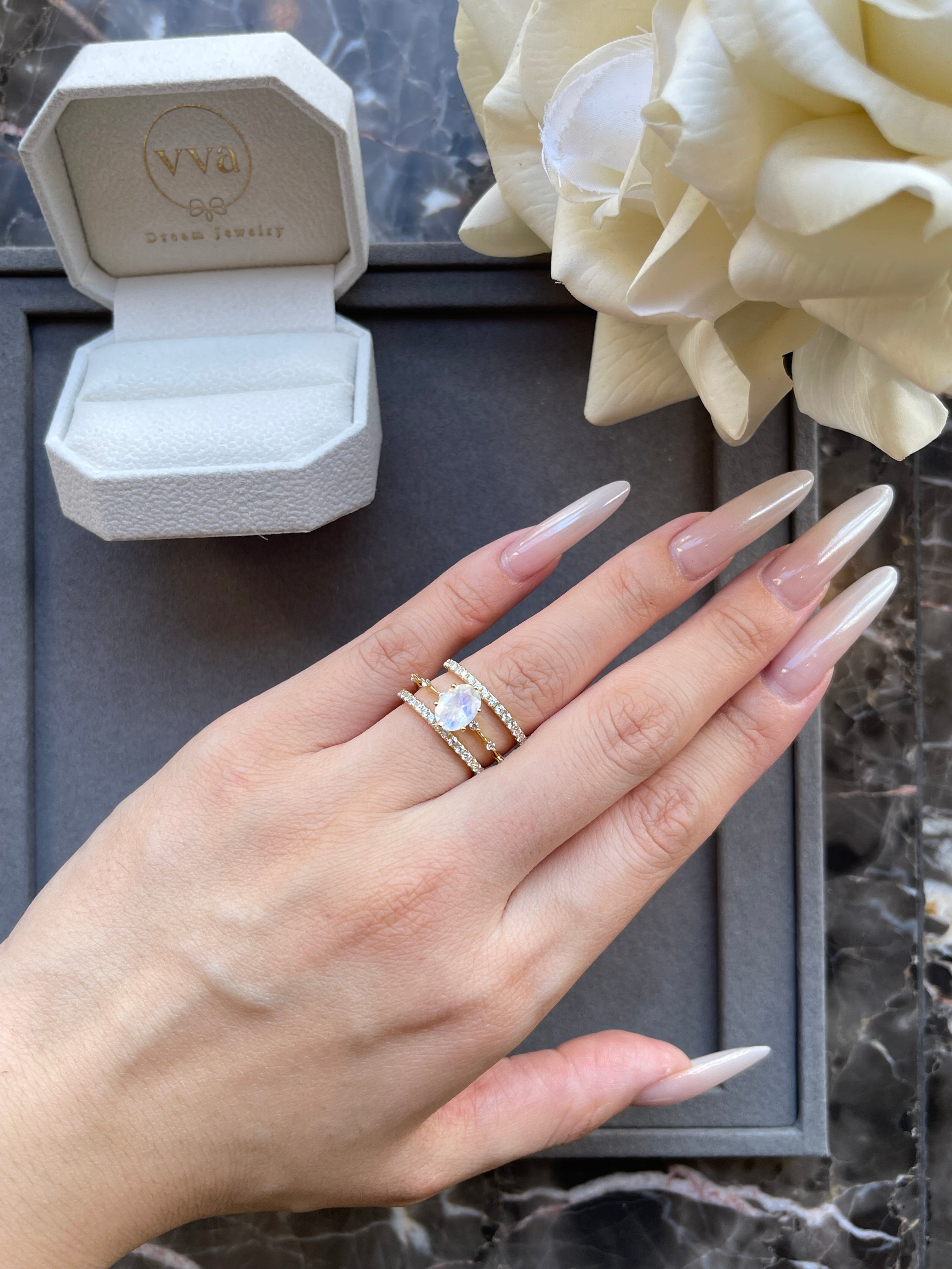 【Eternal Phases】Unique Handmade Natural Blue Moonstone Engagement Ring 1.5ct Oval Shape