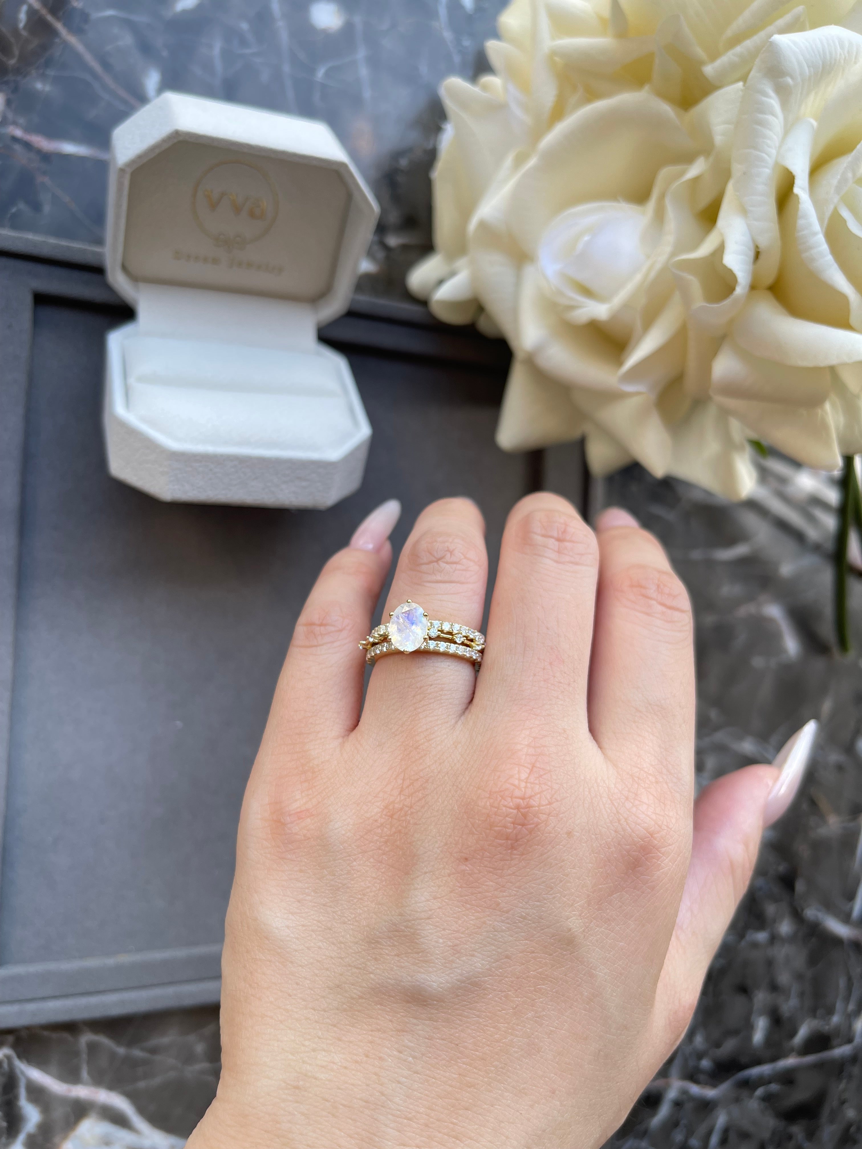 【Eternal Phases】Unique Handmade Natural Blue Moonstone Engagement Ring 1.5ct Oval Shape