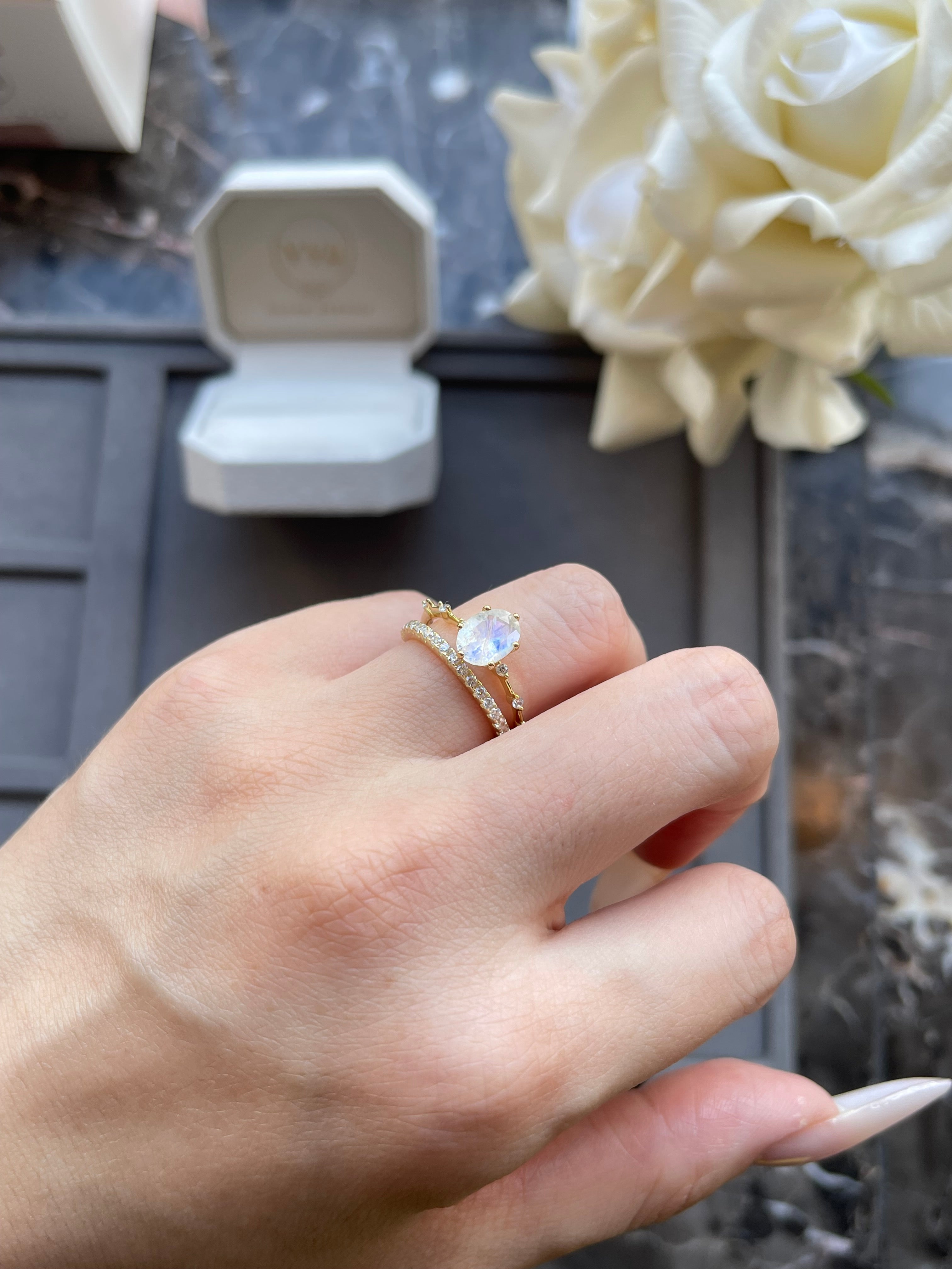 【Eternal Phases Set】Unique Handmade Natural Blue Moonstone Engagement Ring Set 3pcs 1.5ct Oval Cut