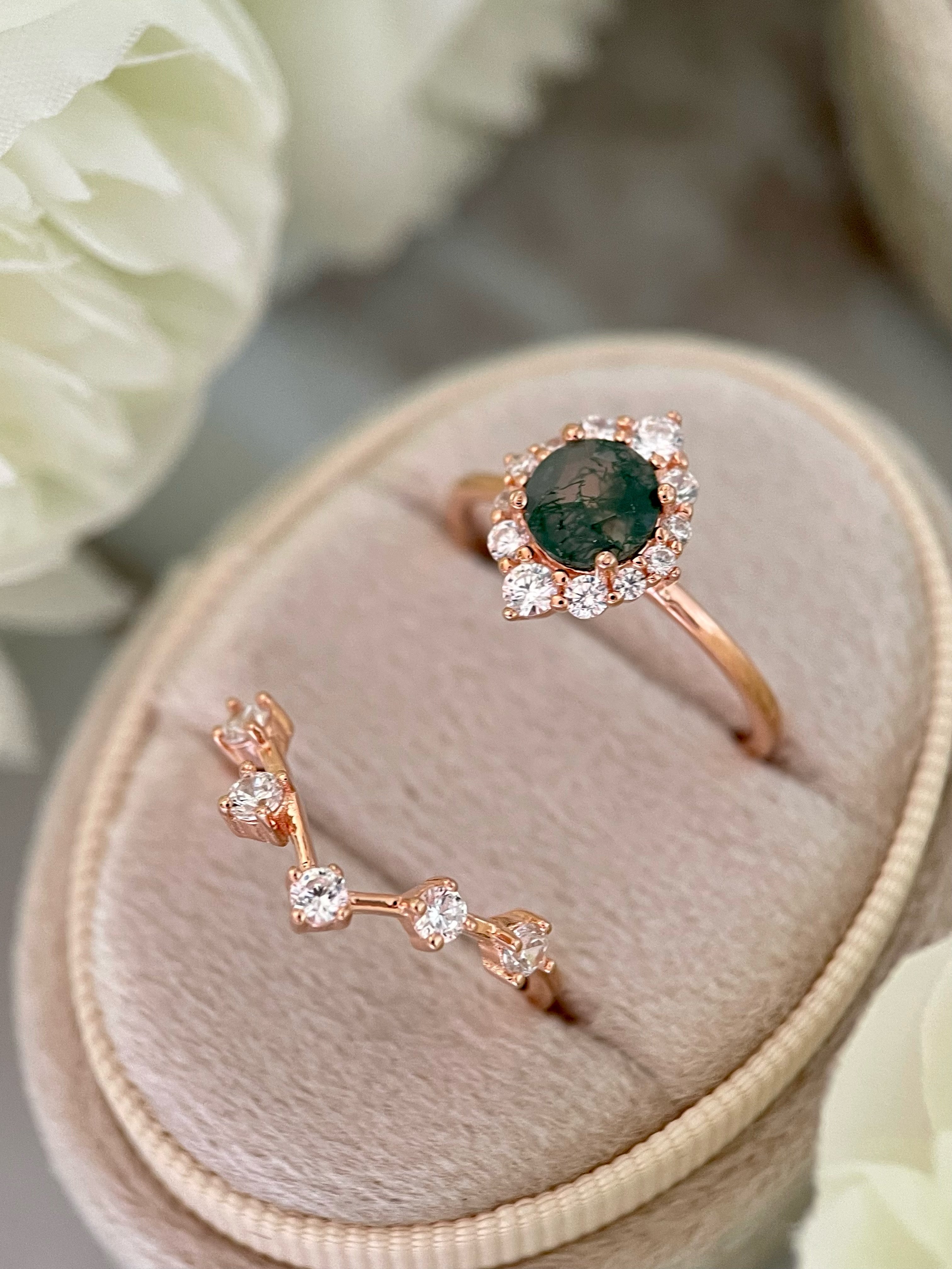 【Ensemble Sylvana】Ensemble unique de bagues de fiançailles artisanales en agate mousse naturelle, 2 pièces, 0,8 ct, forme ronde