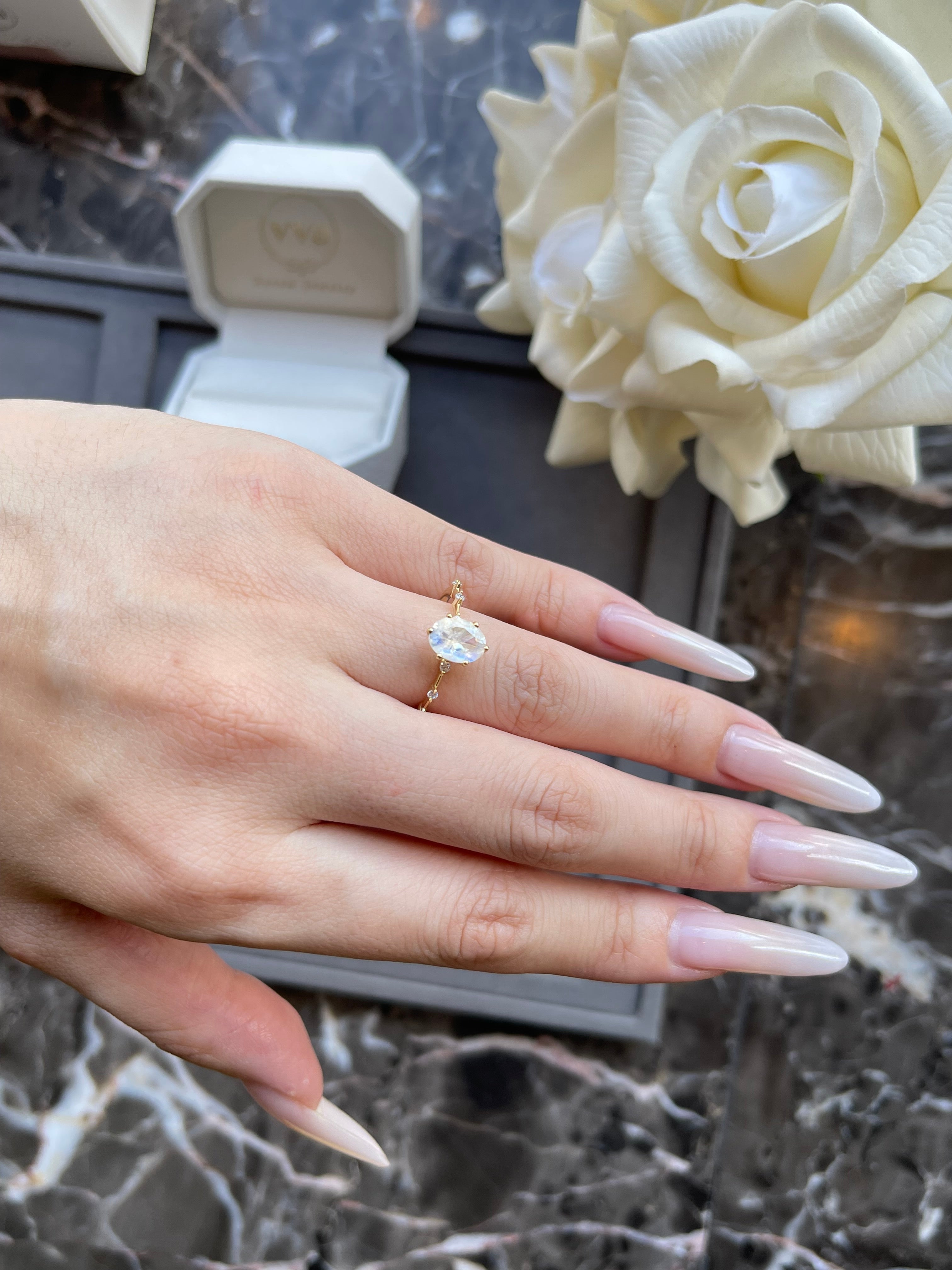 【Eternal Phases Set】Unique Handmade Natural Blue Moonstone Engagement Ring Set 3pcs 1.5ct Oval Cut