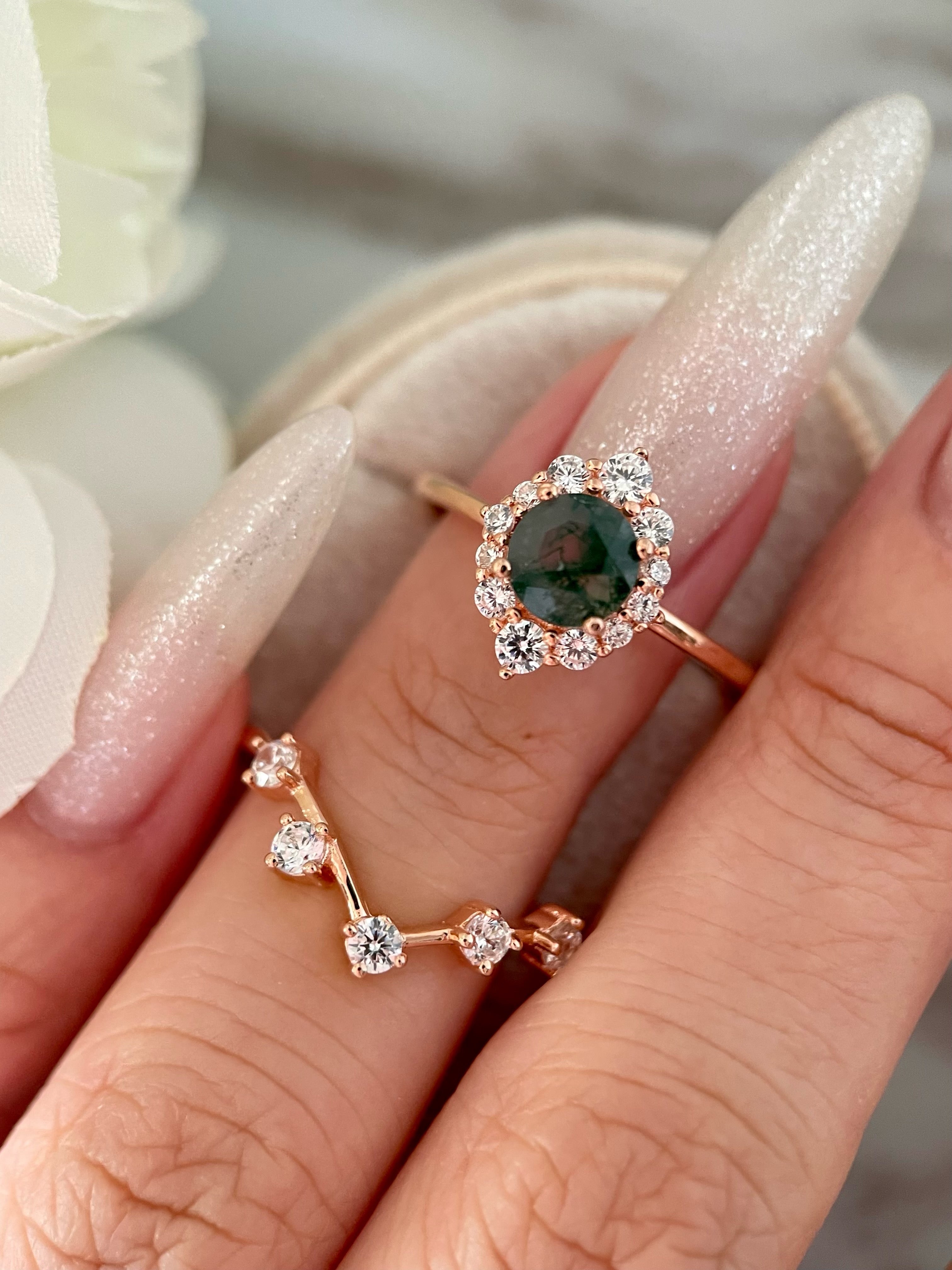 【Ensemble Sylvana】Ensemble unique de bagues de fiançailles artisanales en agate mousse naturelle, 2 pièces, 0,8 ct, forme ronde