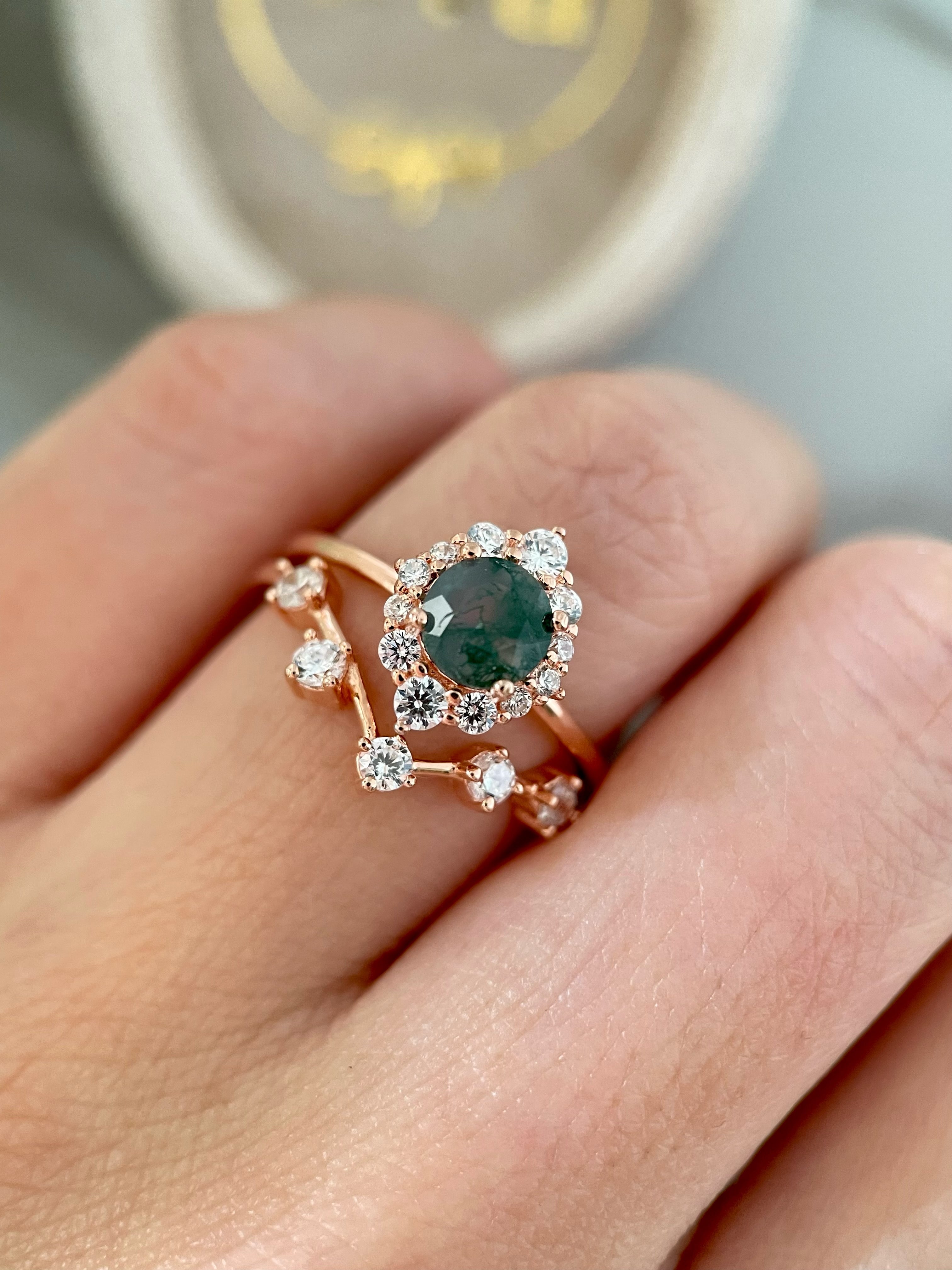 【Ensemble Sylvana】Ensemble unique de bagues de fiançailles artisanales en agate mousse naturelle, 2 pièces, 0,8 ct, forme ronde