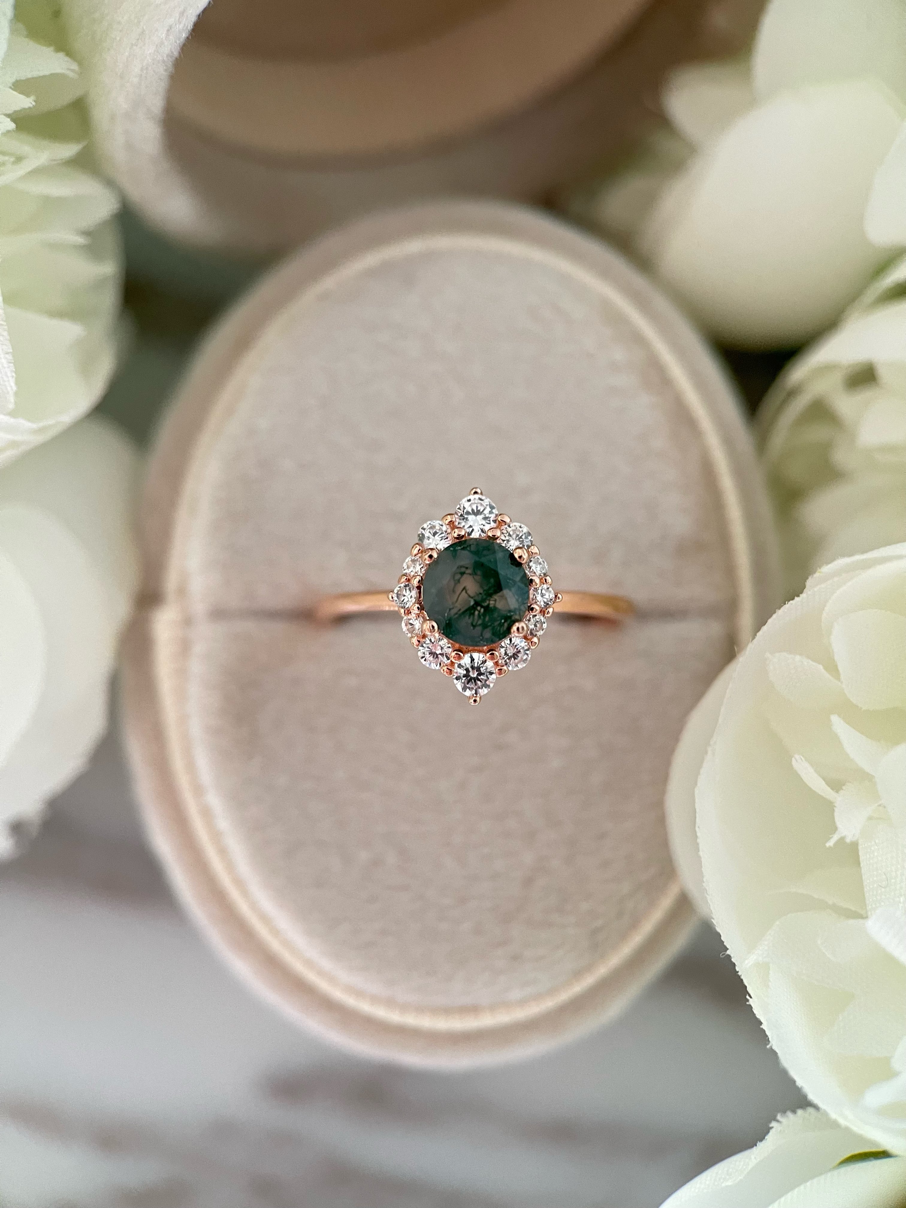 【Sylvana】Bague de fiançailles unique en agate mousse naturelle faite à la main, 0,8 ct, forme ronde