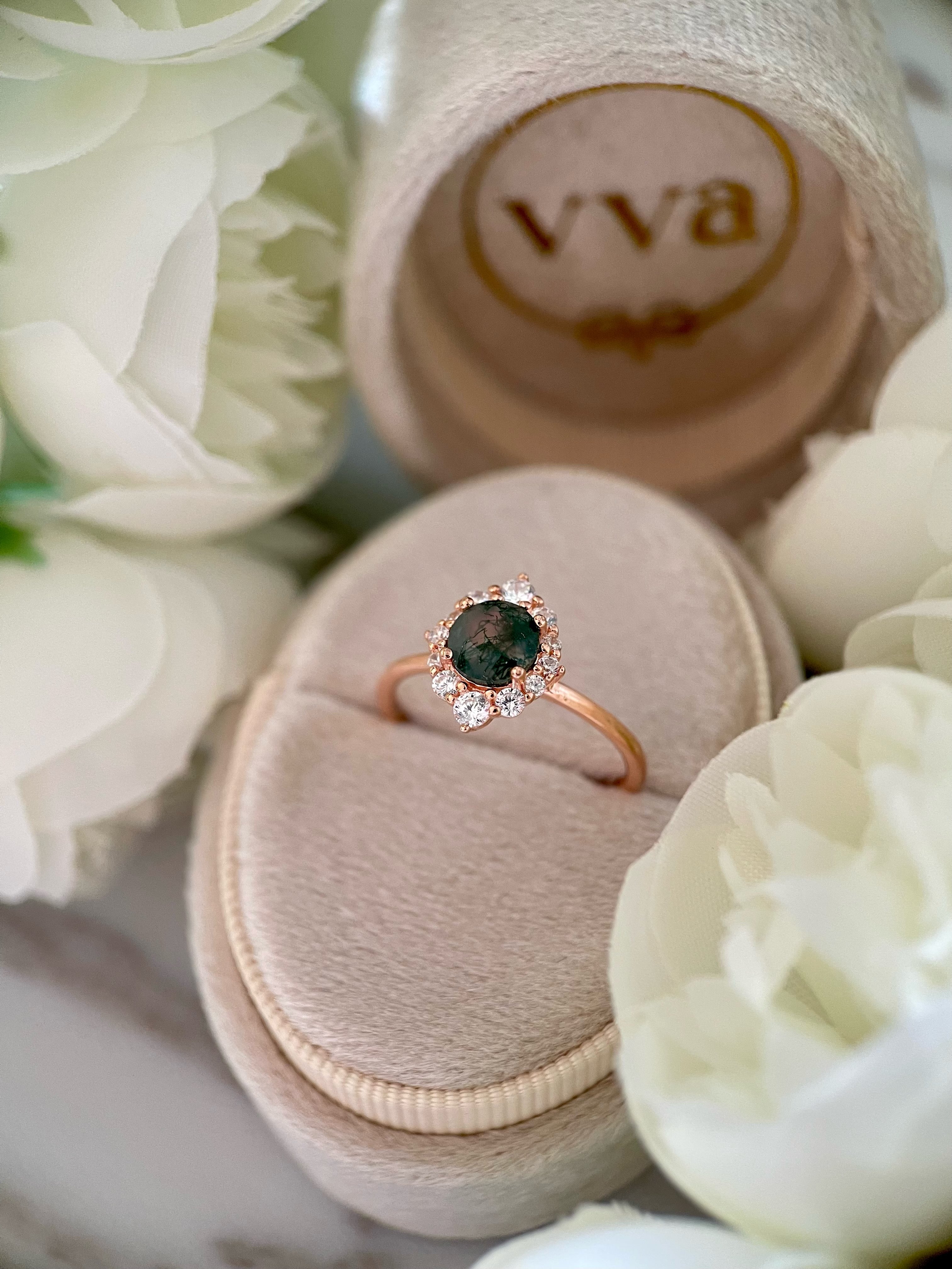 【Sylvana】Bague de fiançailles unique en agate mousse naturelle faite à la main, 0,8 ct, forme ronde