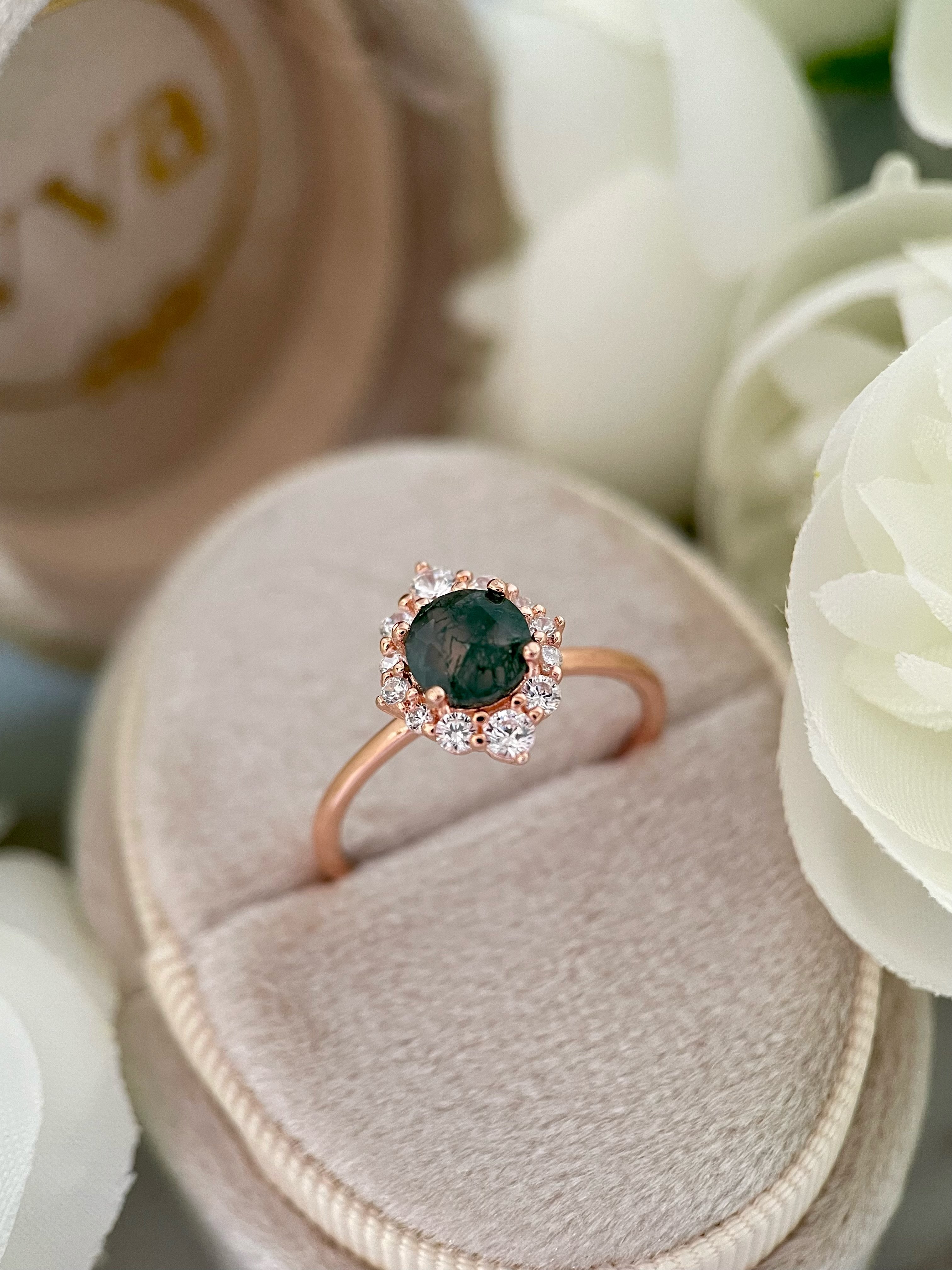 【Sylvana】Bague de fiançailles unique en agate mousse naturelle faite à la main, 0,8 ct, forme ronde