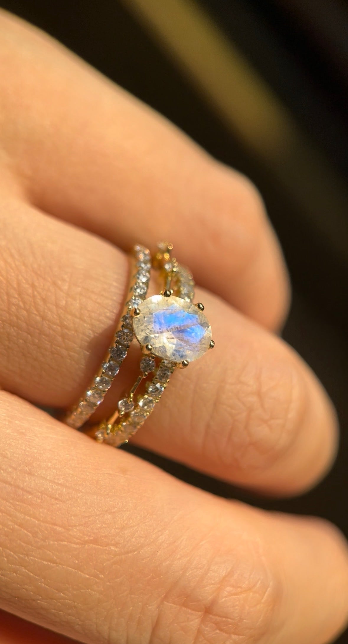 【Eternal Phases Set】Unique Handmade Natural Blue Moonstone Engagement Ring Set 3pcs 1.5ct Oval Cut