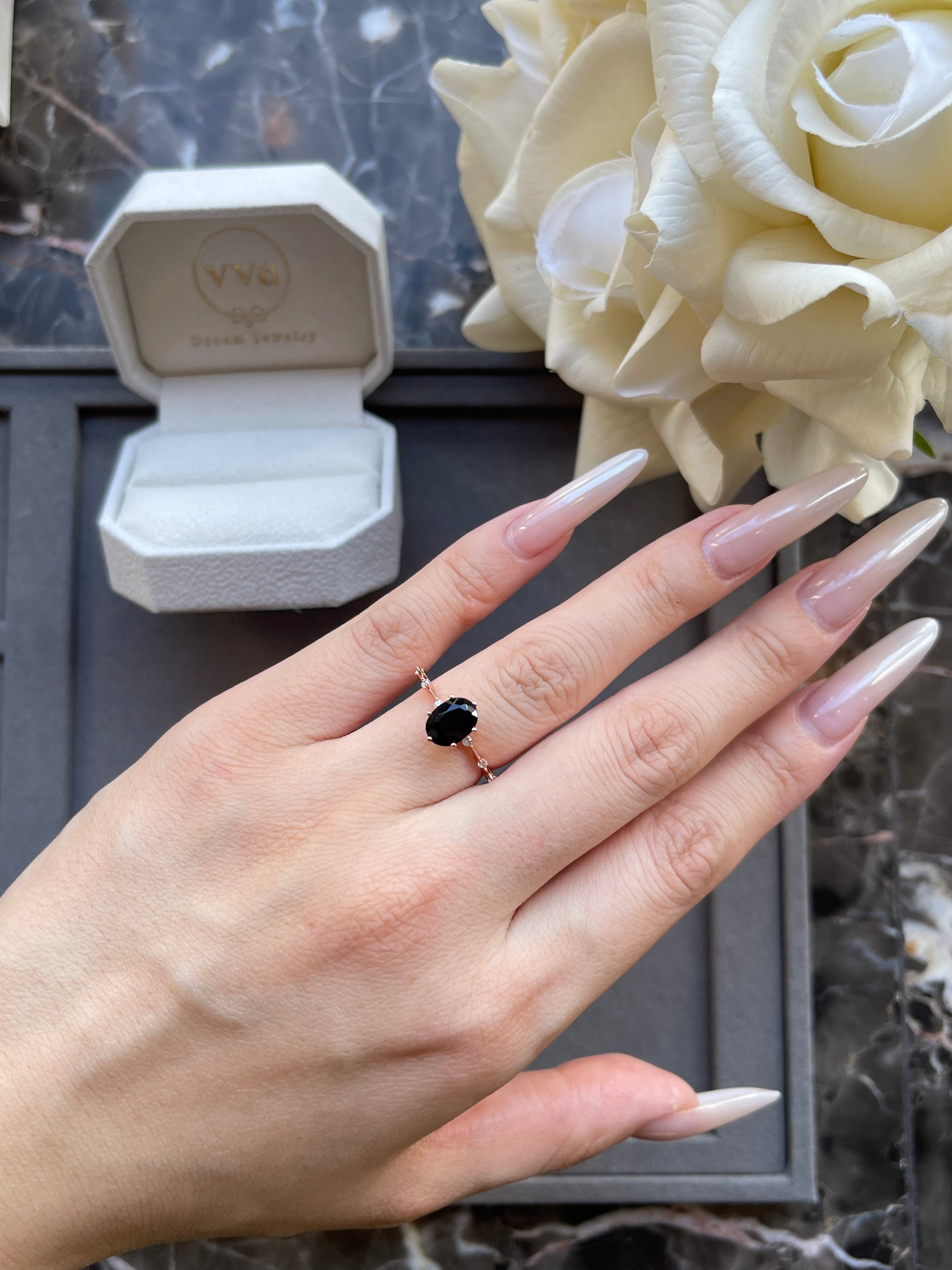 【Aegis】Handmade Natural Black Onyx Engagement Ring 1.5ct Oval Cut