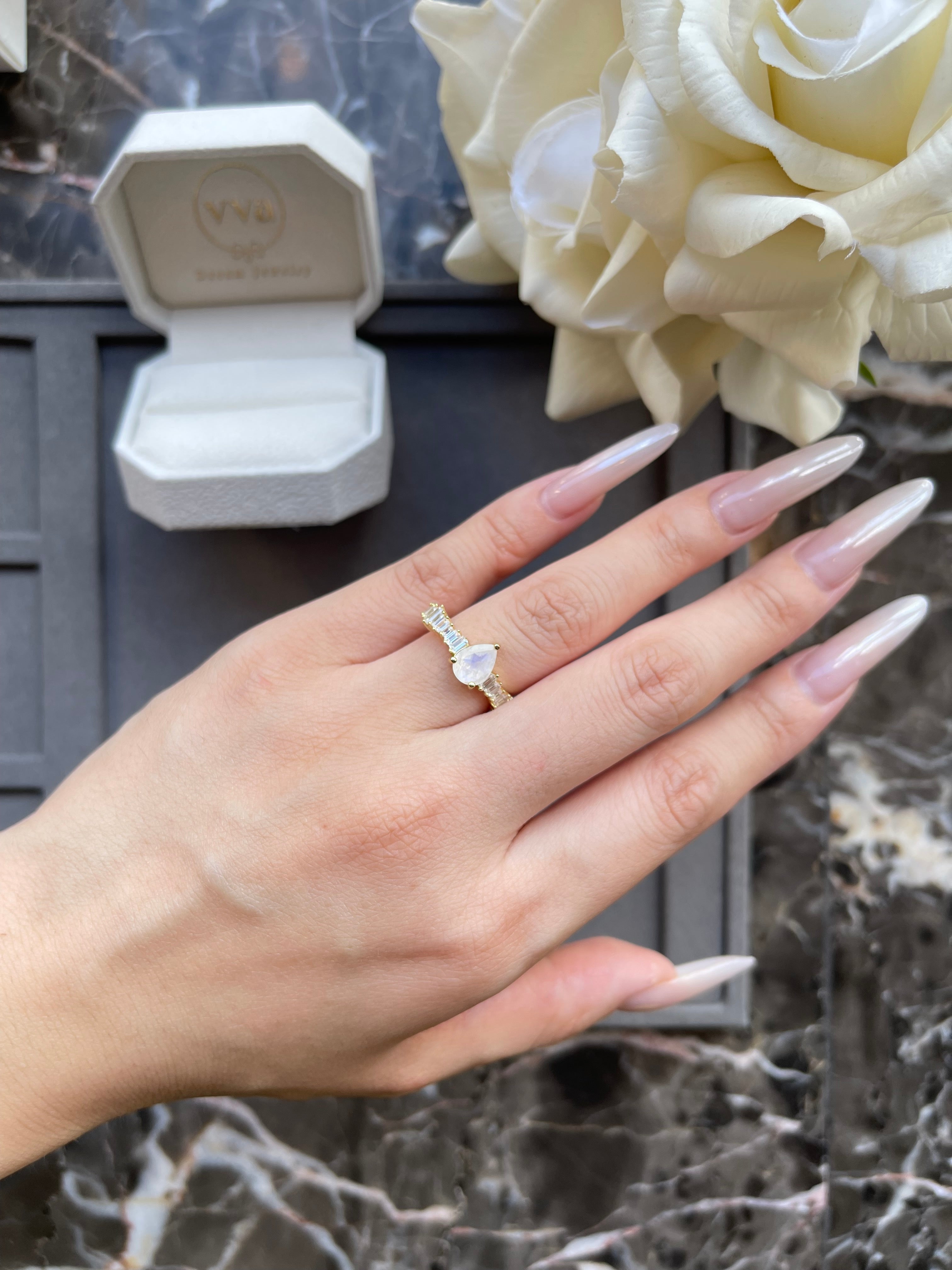 【Chalice】Unique Handmade Natural Blue Moonstone Engagement Ring 0.8ct Pear Shape