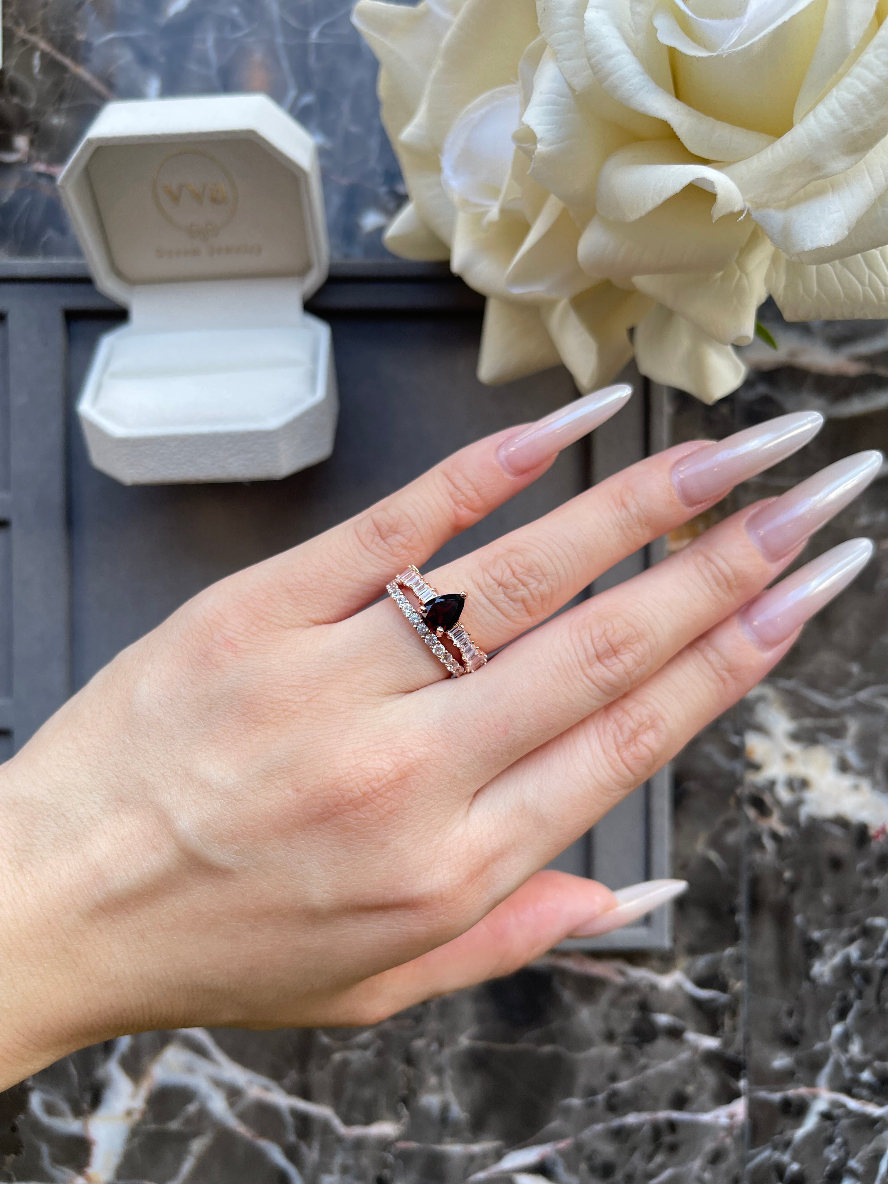 【Rubra Symphony】Unique Handmade Natural Rhodolite Garnet Engagement Ring 0.8ct Pear Shape