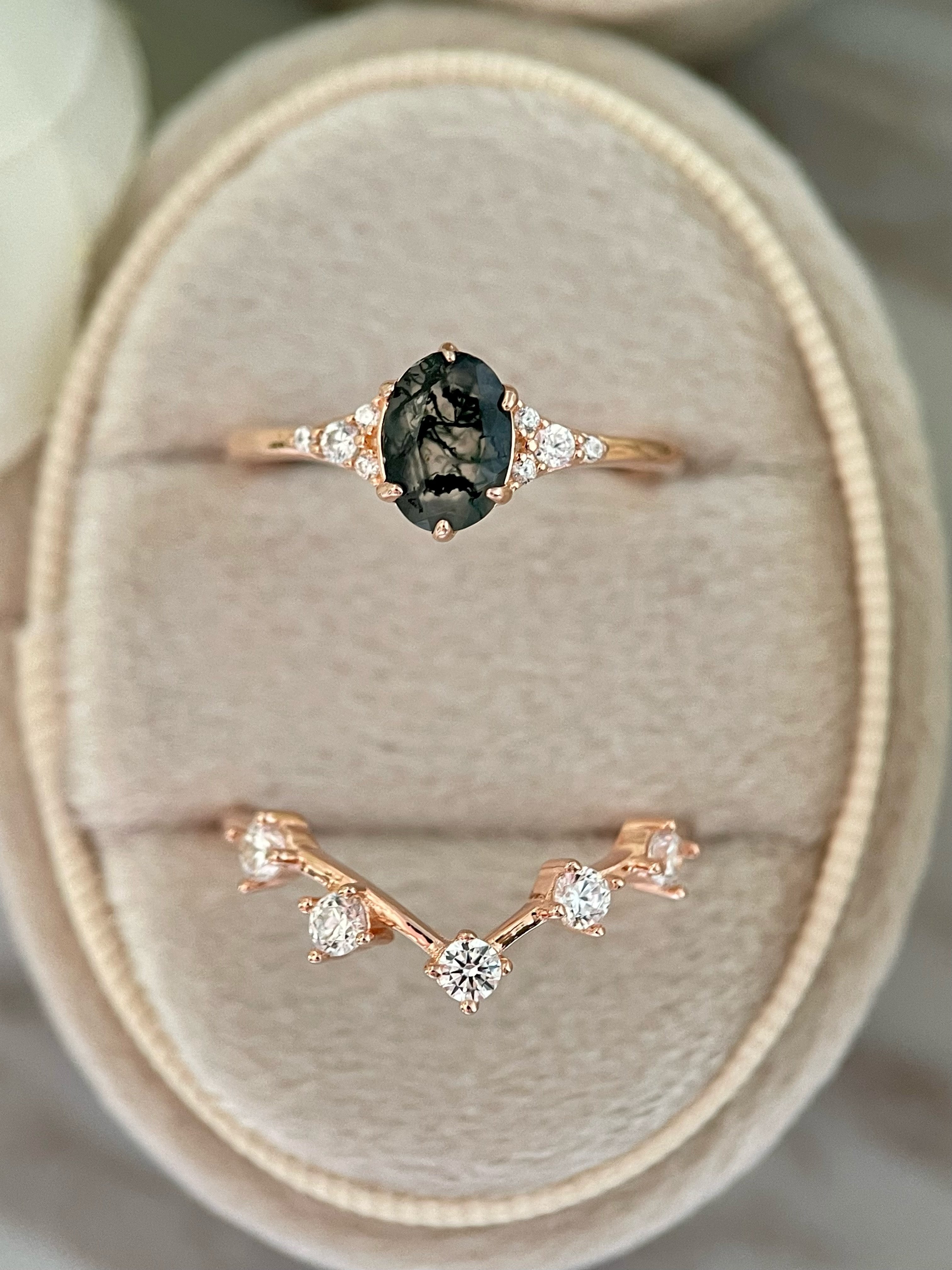 【Ensemble Aetheria】 Ensemble de bagues de fiançailles uniques en agate de mousse naturelle faite à la main, 2 pièces de forme ovale de 0,75 ct