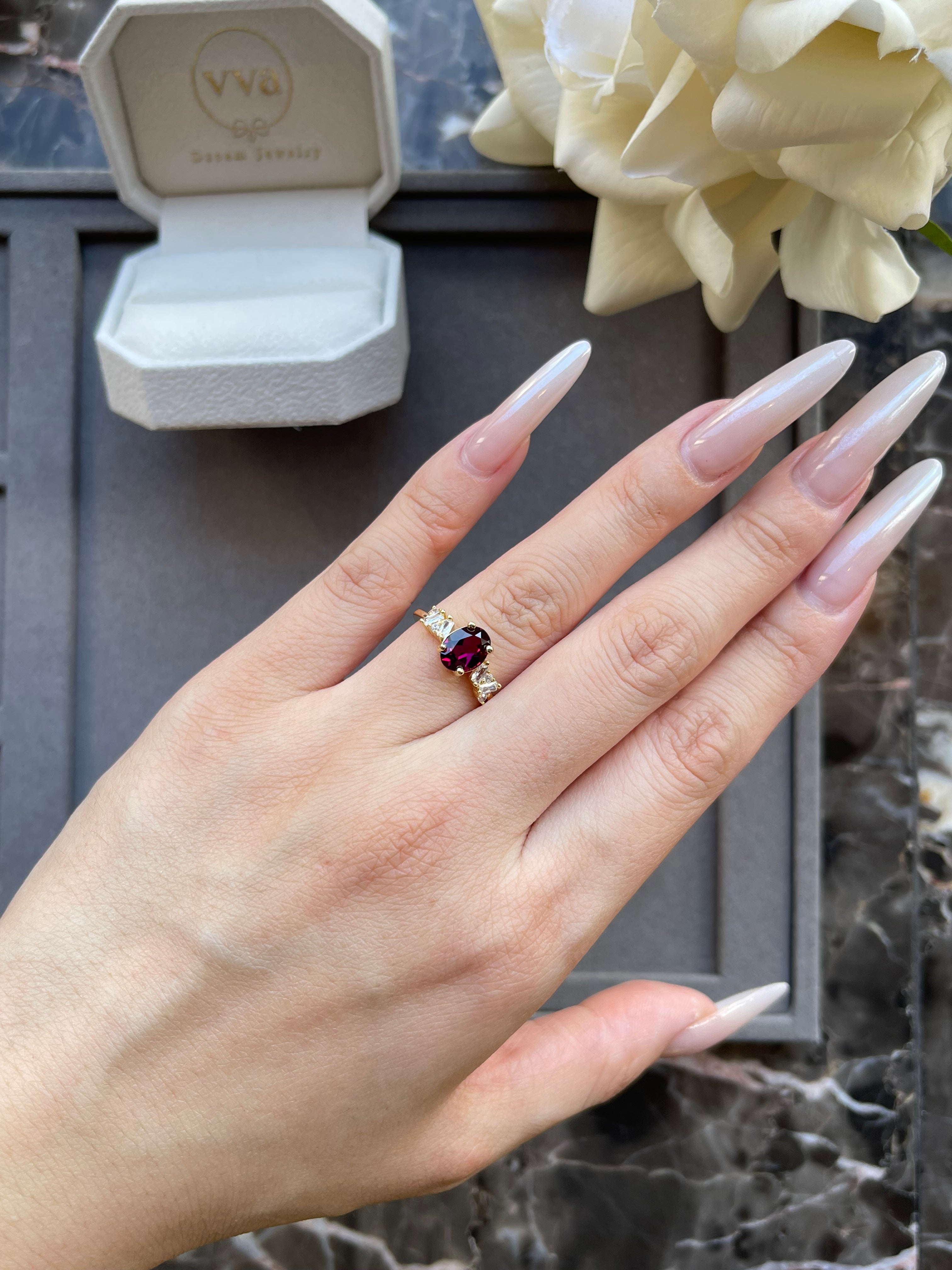 【Fidelis Set】Unique Handmade Natural Rhodolite Garnet Engagement Ring Set 2pcs 1.5ct Oval Shape