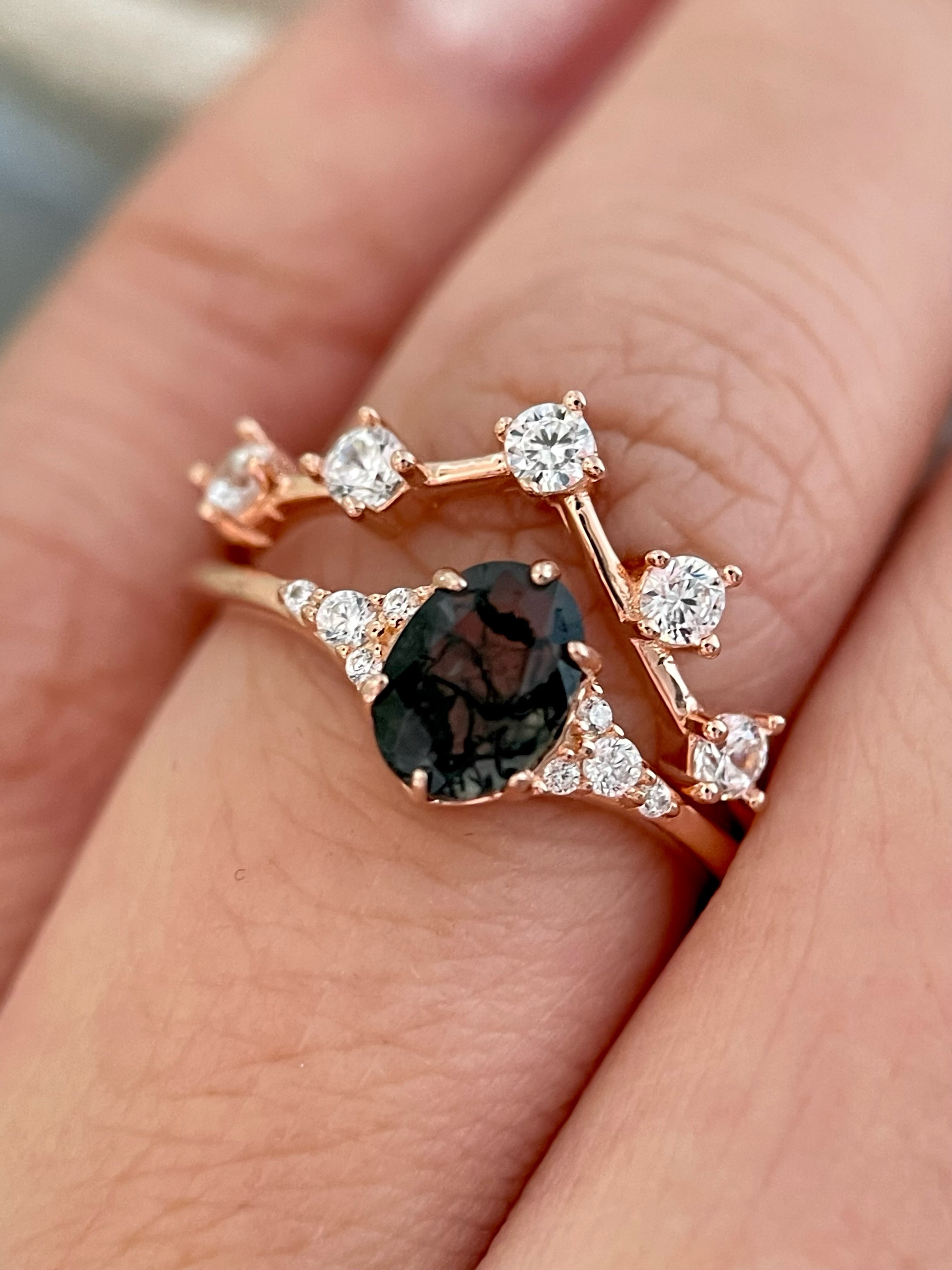 【Ensemble Aetheria】 Ensemble de bagues de fiançailles uniques en agate de mousse naturelle faite à la main, 2 pièces de forme ovale de 0,75 ct