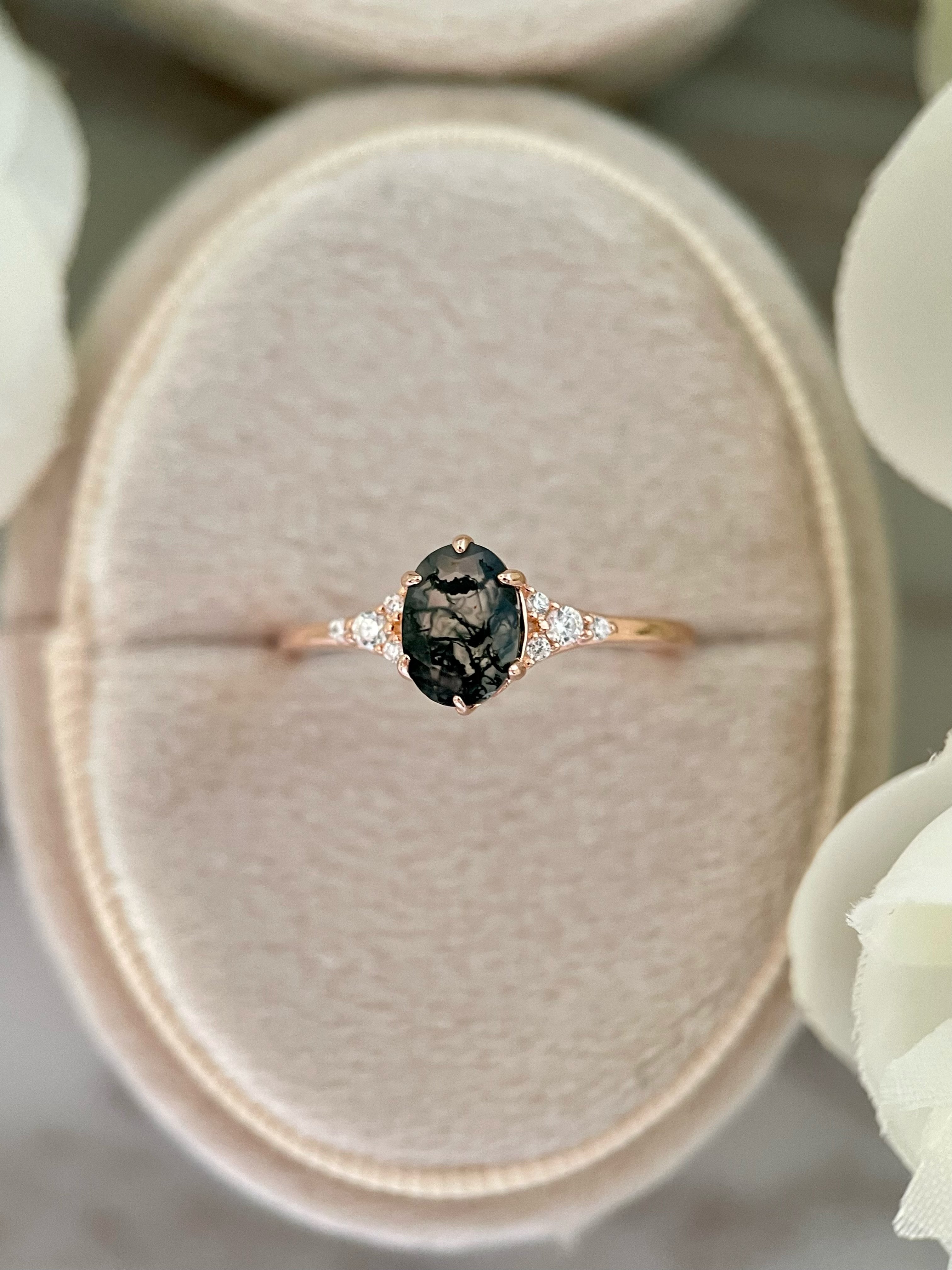 【Aetheria】Unique Handmade Natural Moss Agate Engagement Ring 0.75ct Oval Cut