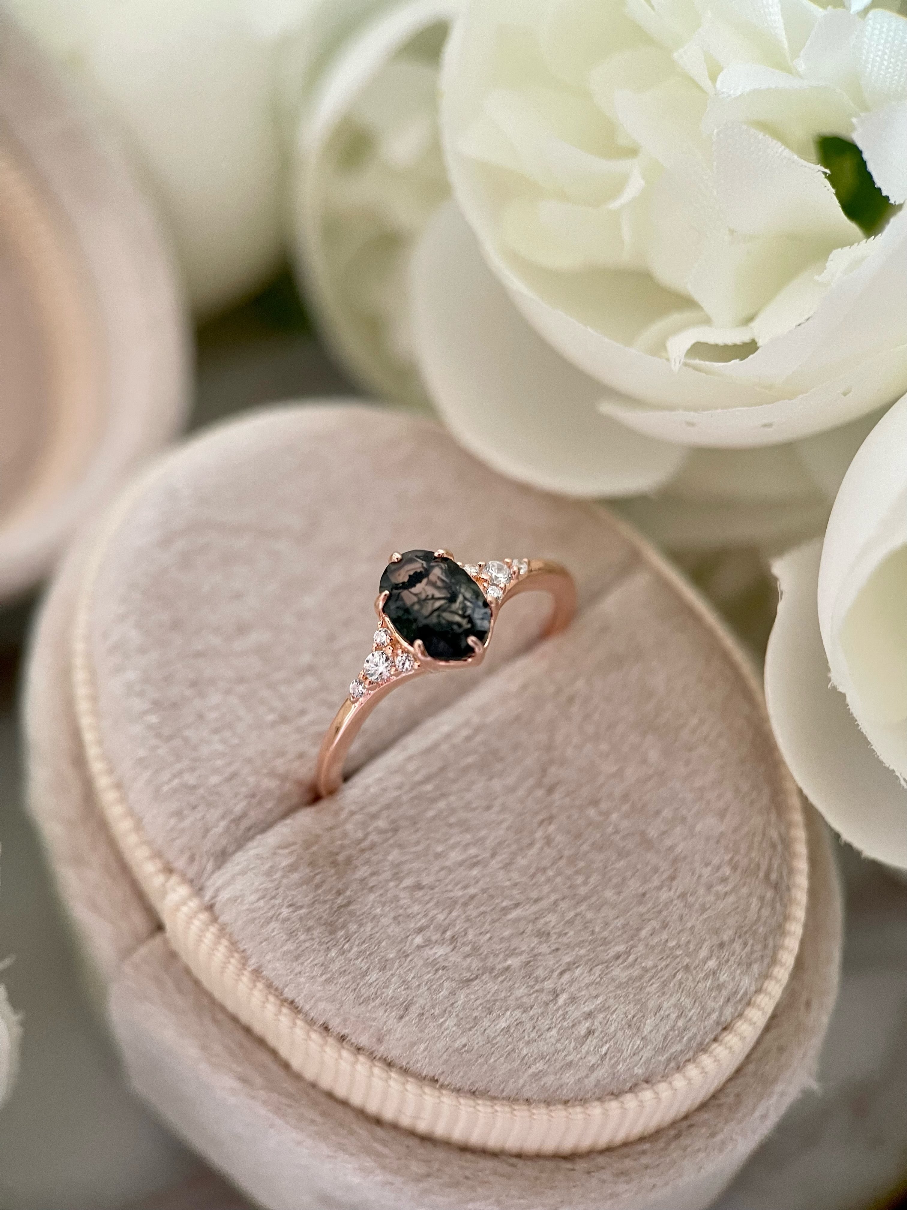 【Aetheria】Unique Handmade Natural Moss Agate Engagement Ring 0.75ct Oval Cut