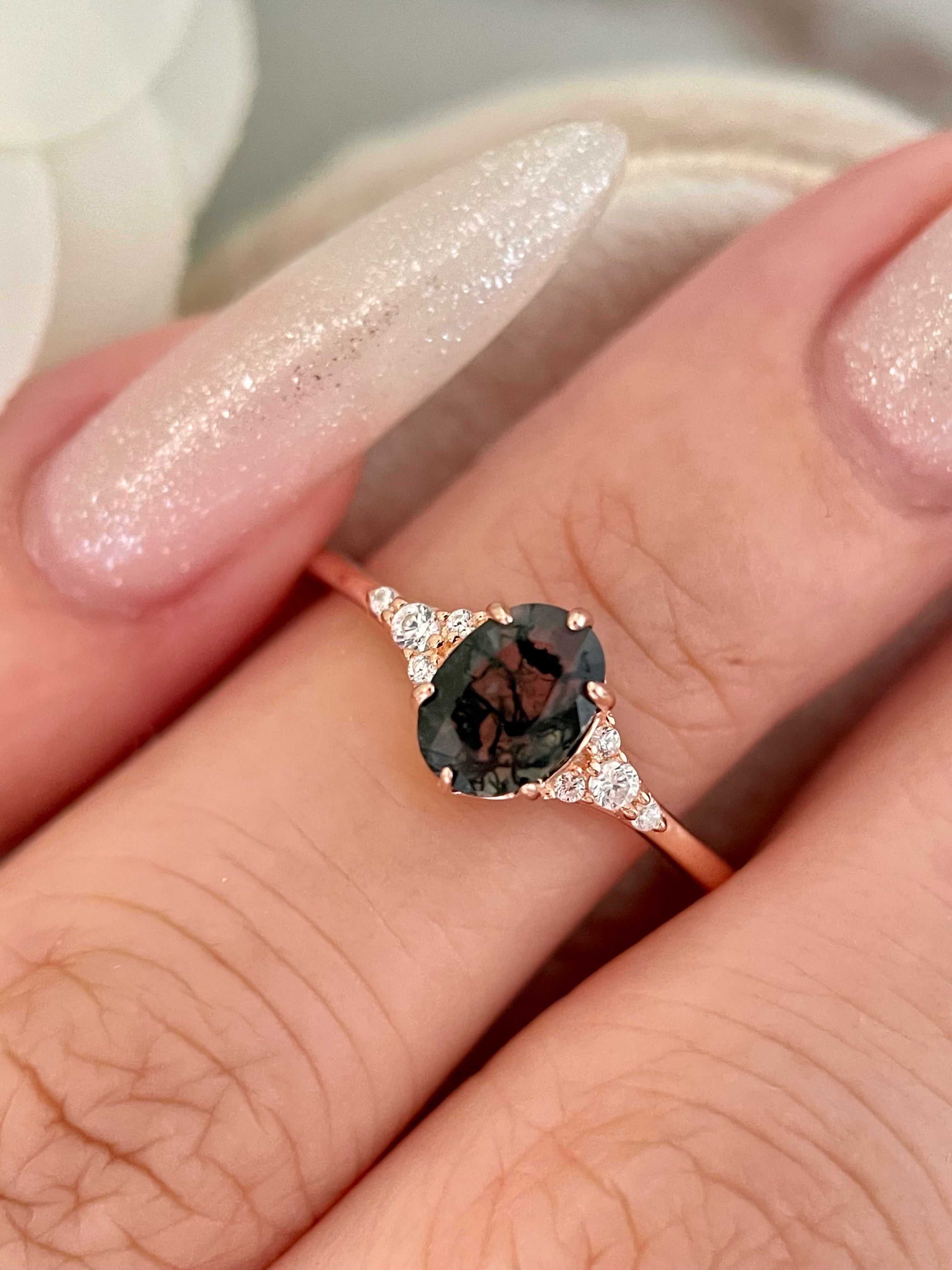 【Aetheria】Unique Handmade Natural Moss Agate Engagement Ring 0.75ct Oval Cut