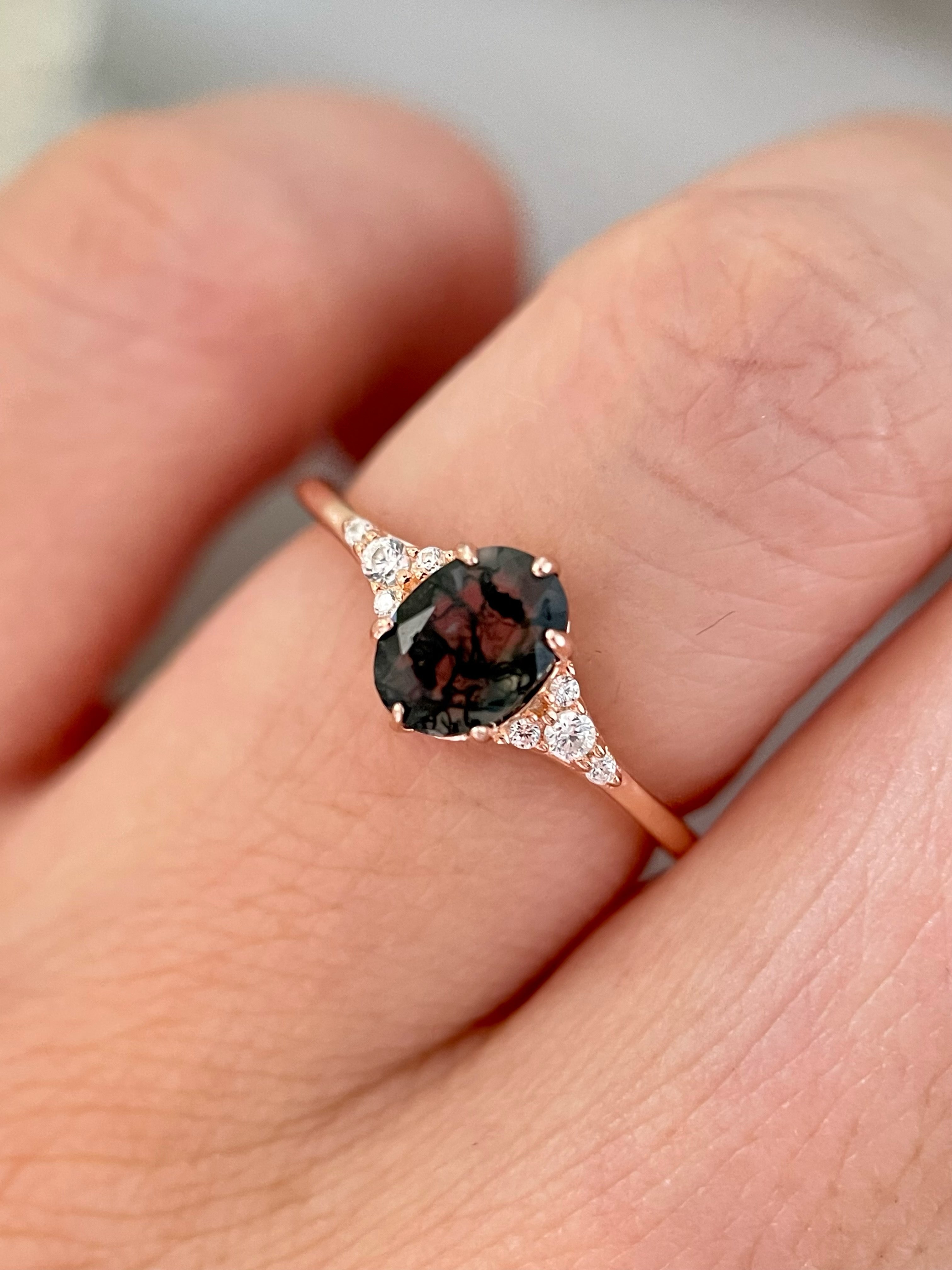 【Aetheria】Unique Handmade Natural Moss Agate Engagement Ring 0.75ct Oval Cut