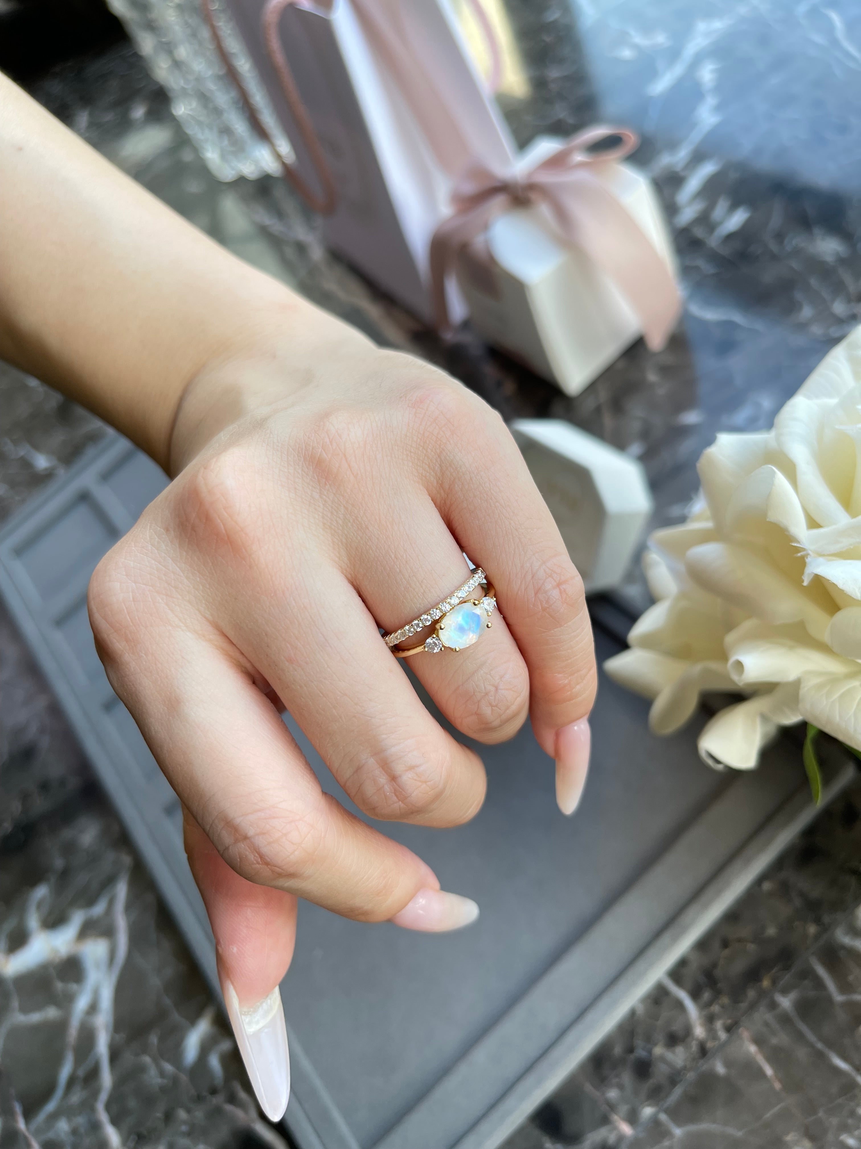 【Lunette】Unique Handmade Natural Blue Moonstone Engagement Ring Set Oval Shape