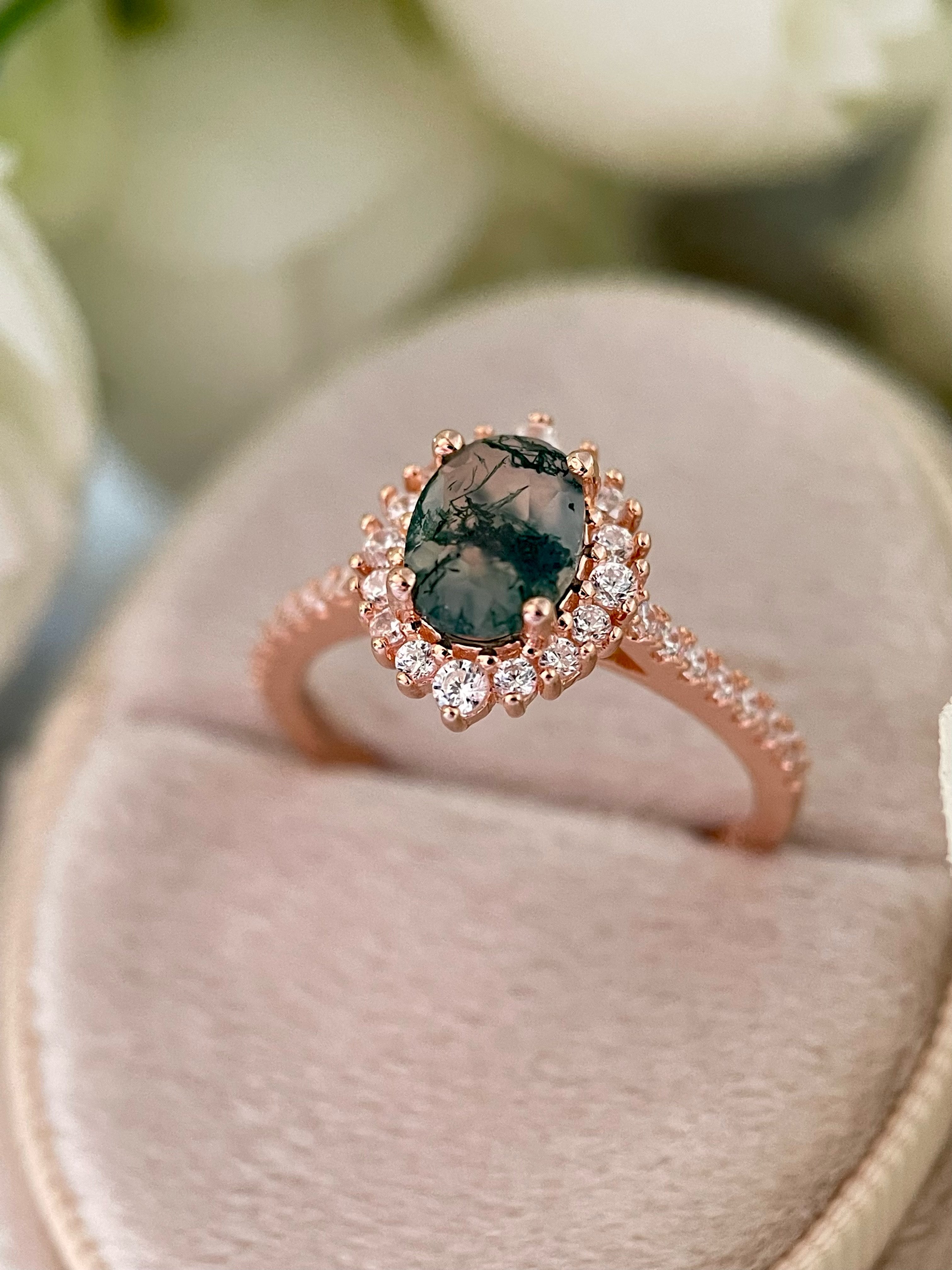 【Solara】Unique Handmade Natural Moss Agate Engagement Ring 1.5ct Oval Cut