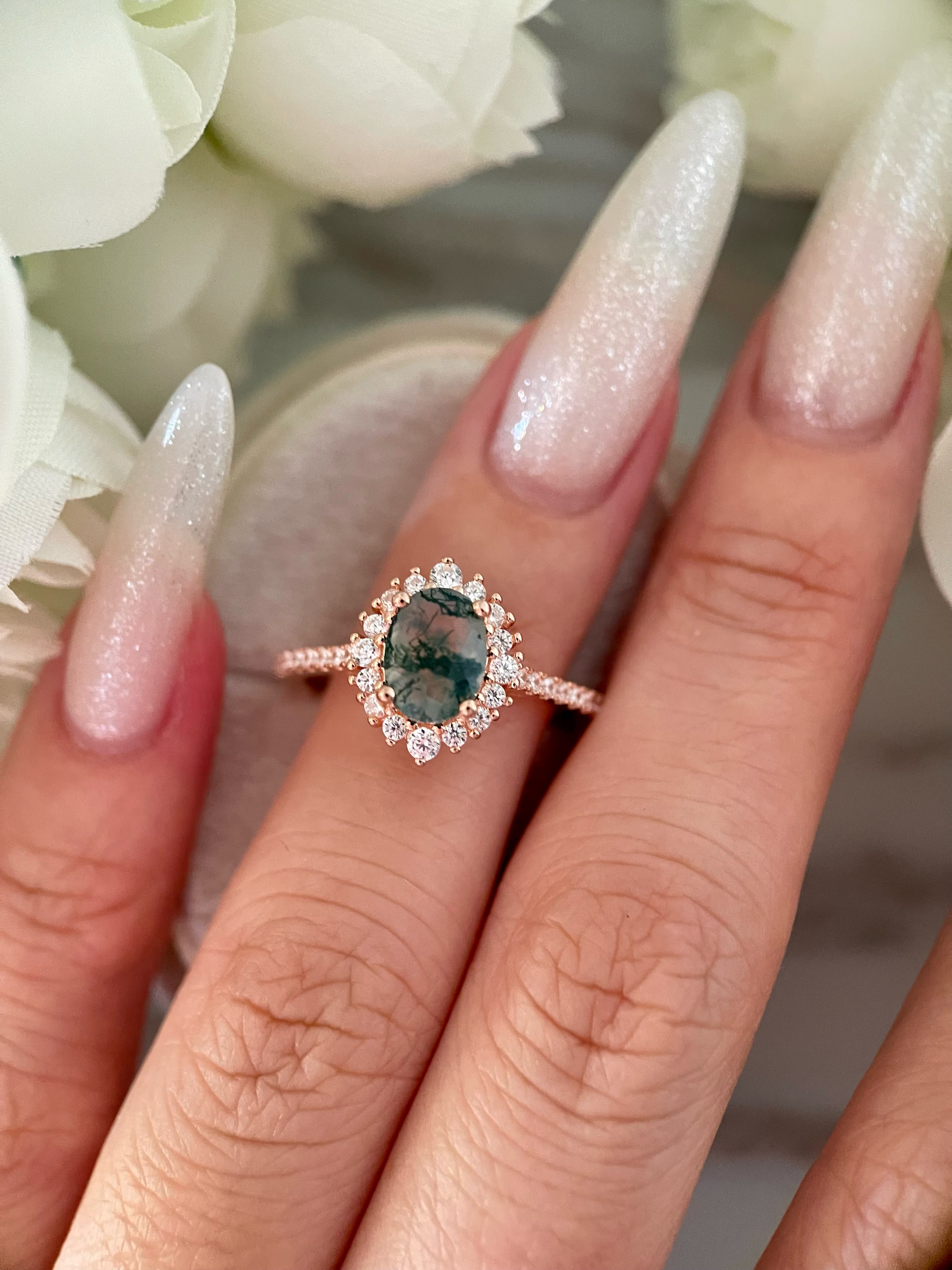 【Solara】Unique Handmade Natural Moss Agate Engagement Ring 1.5ct Oval Cut