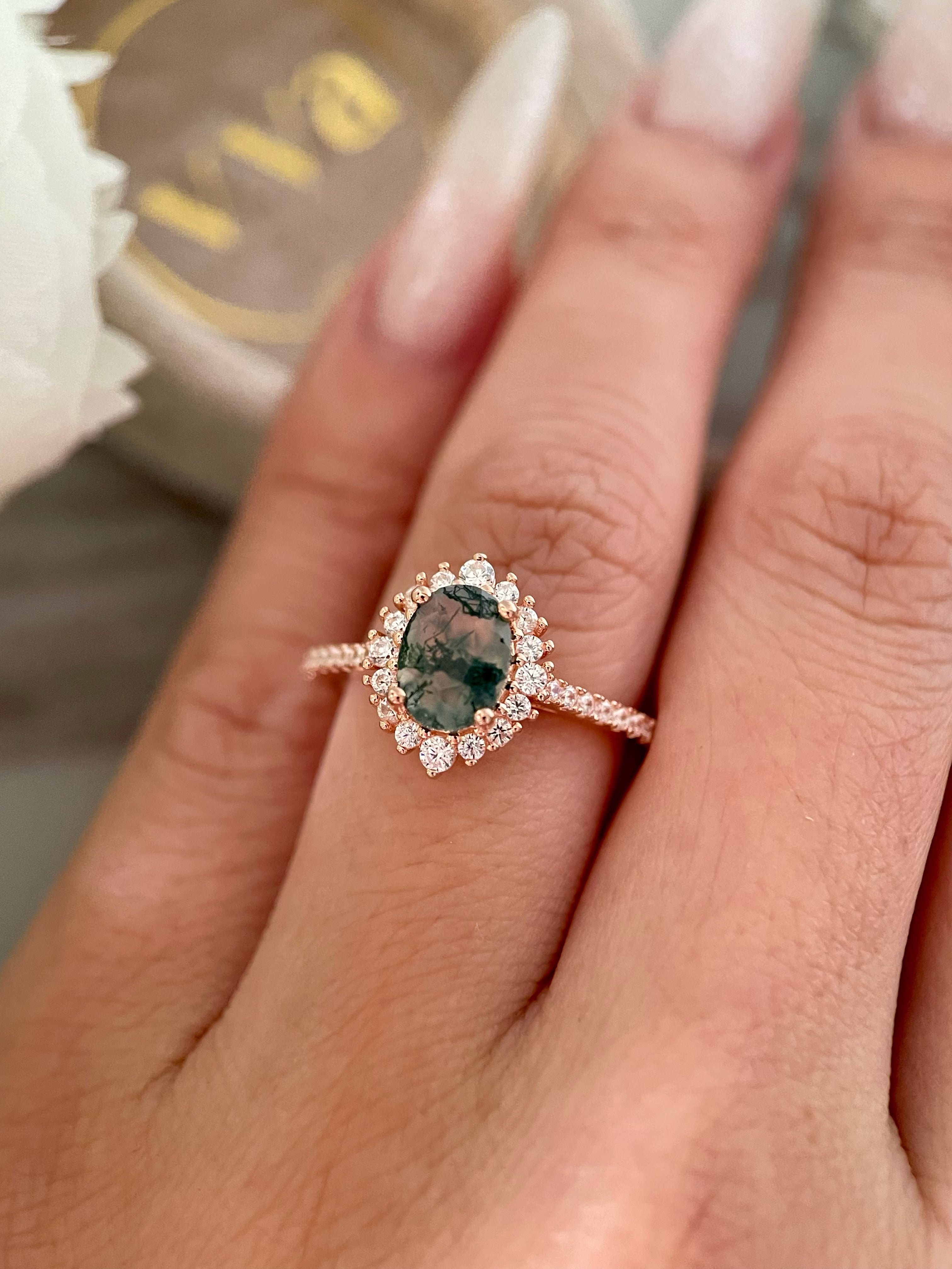 【Solara】Unique Handmade Natural Moss Agate Engagement Ring 1.5ct Oval Cut