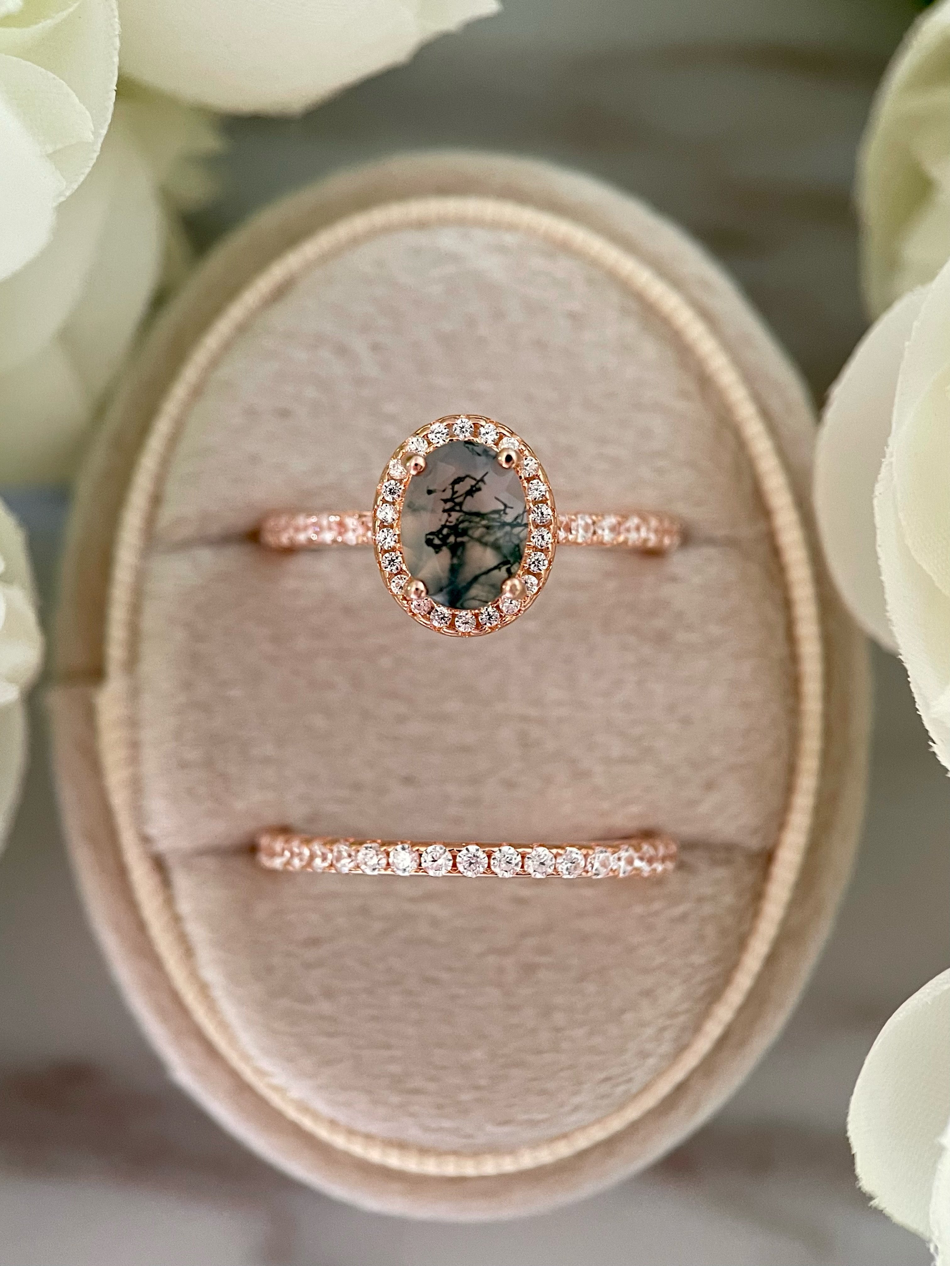【Ensemble Enchanted Grovec】Ensemble unique de bagues de fiançailles en agate mousse naturelle faite à la main, 2 pièces, 1,5 ct, forme ovale